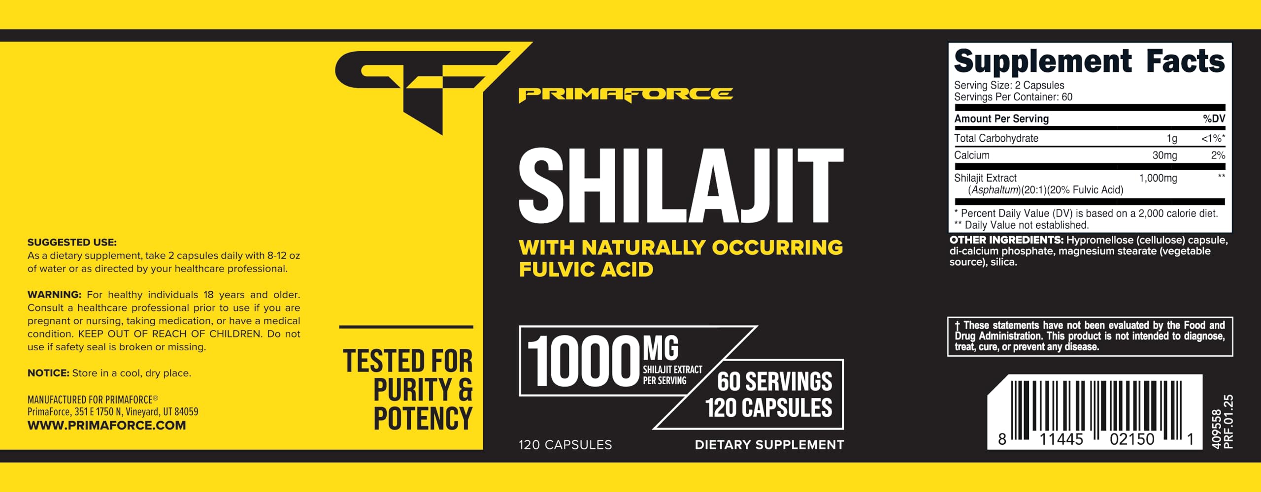 Primaforce Shilajit — emballage élégant et conseils d'utilisation quotidiens.