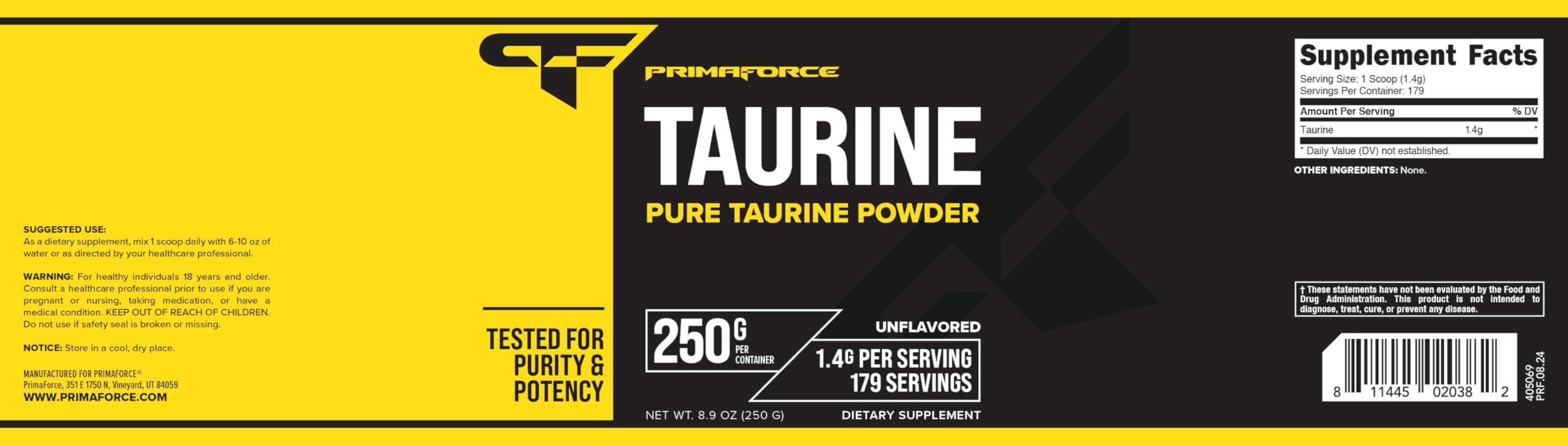 PrimaForce Taurine Poudre – fabriqué dans une installation conforme BPF et sûre.