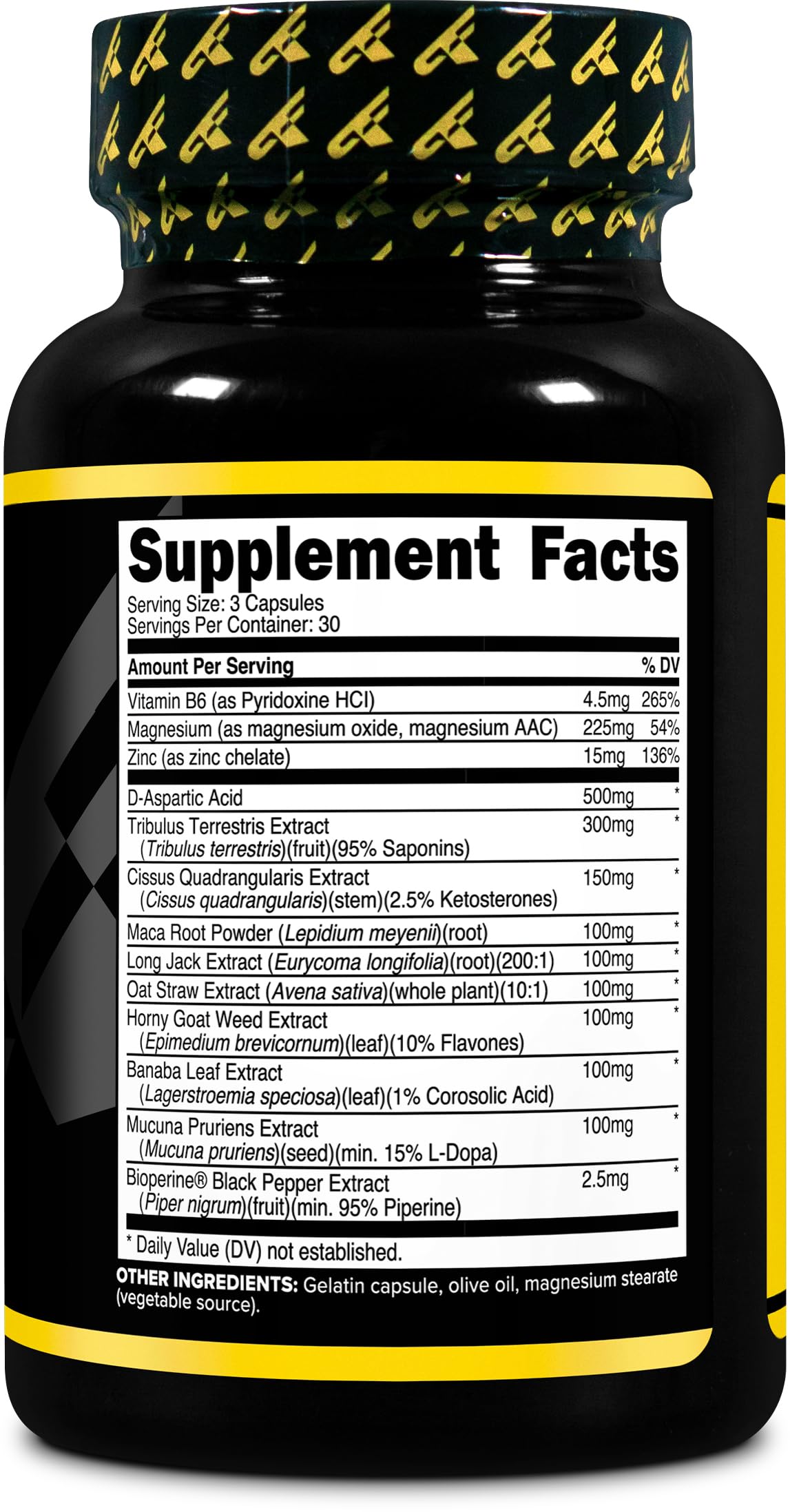 Primaforce Testosterone Complex: étiquette lisible affichant ingrédients et utilisation.