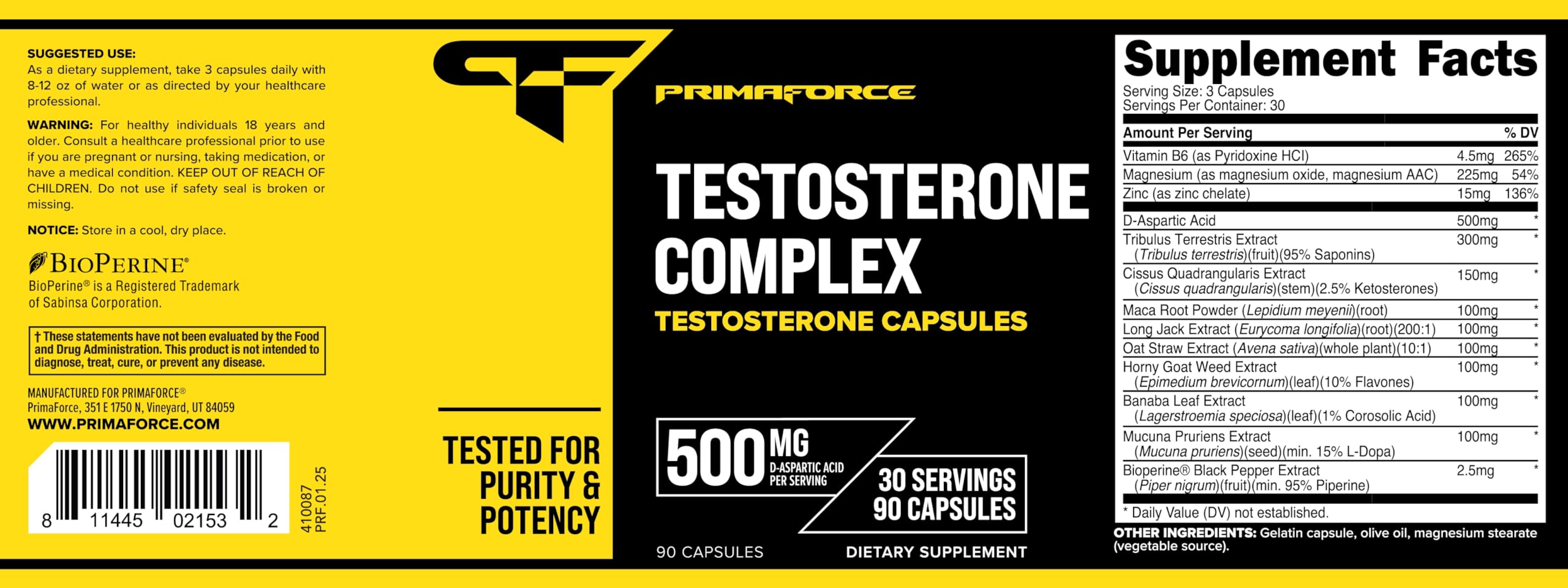 Primaforce Testosterone Complex: sceau qualité et traçabilité grâce au contrôle tiers.
