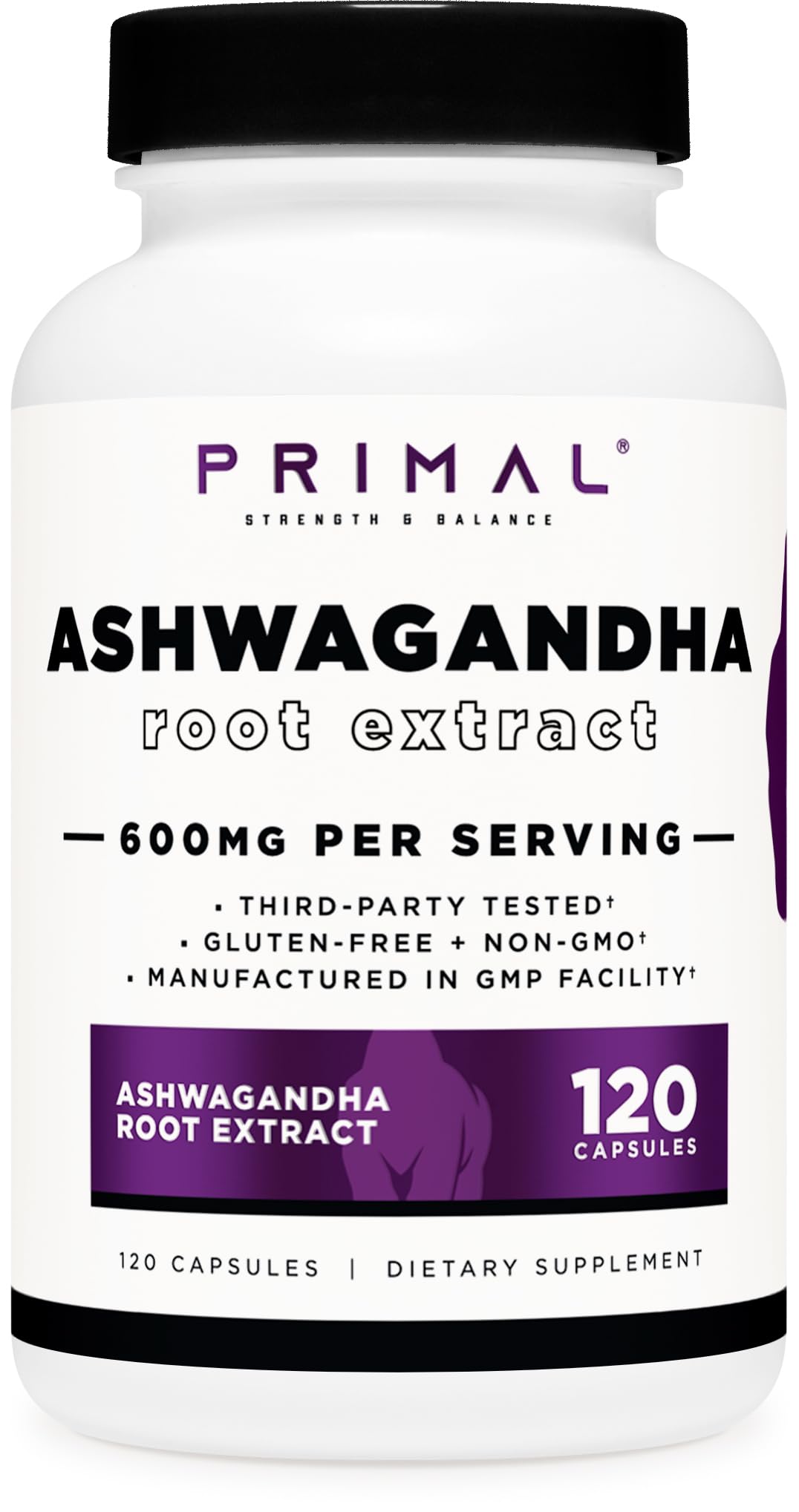 Primal Ashwagandha: bouteille montrant l'extrait pour soutien bien-être quotidien.