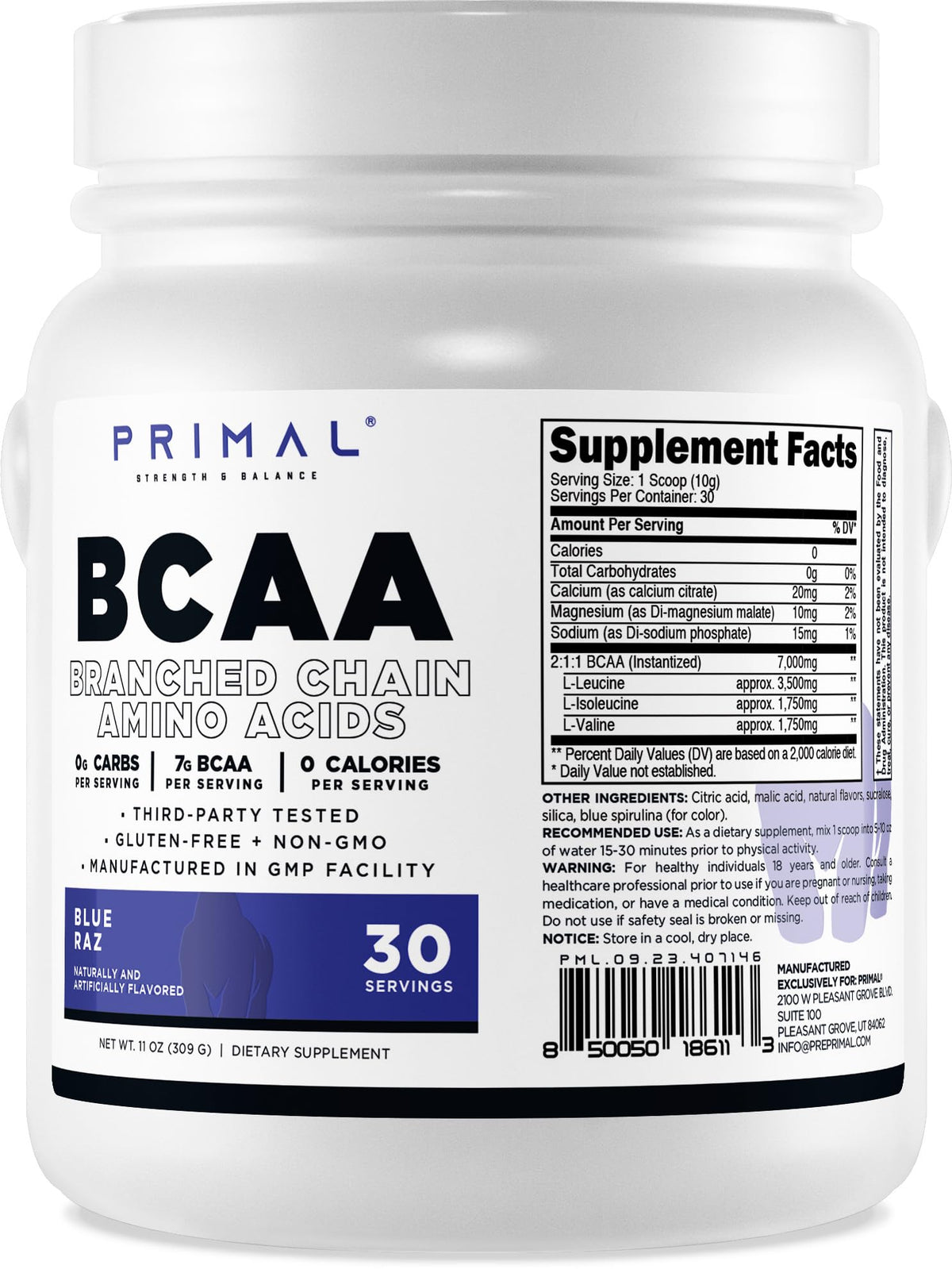Primal BCAA poudre framboise bleue pour une saveur rafraîchissante après l'entraînement.