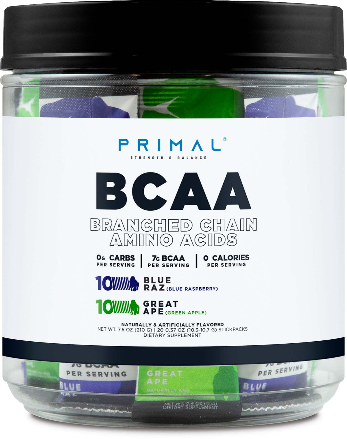 Primal BCAA Framboise Bleue – sachet rafraîchissant pour l'entraînement.