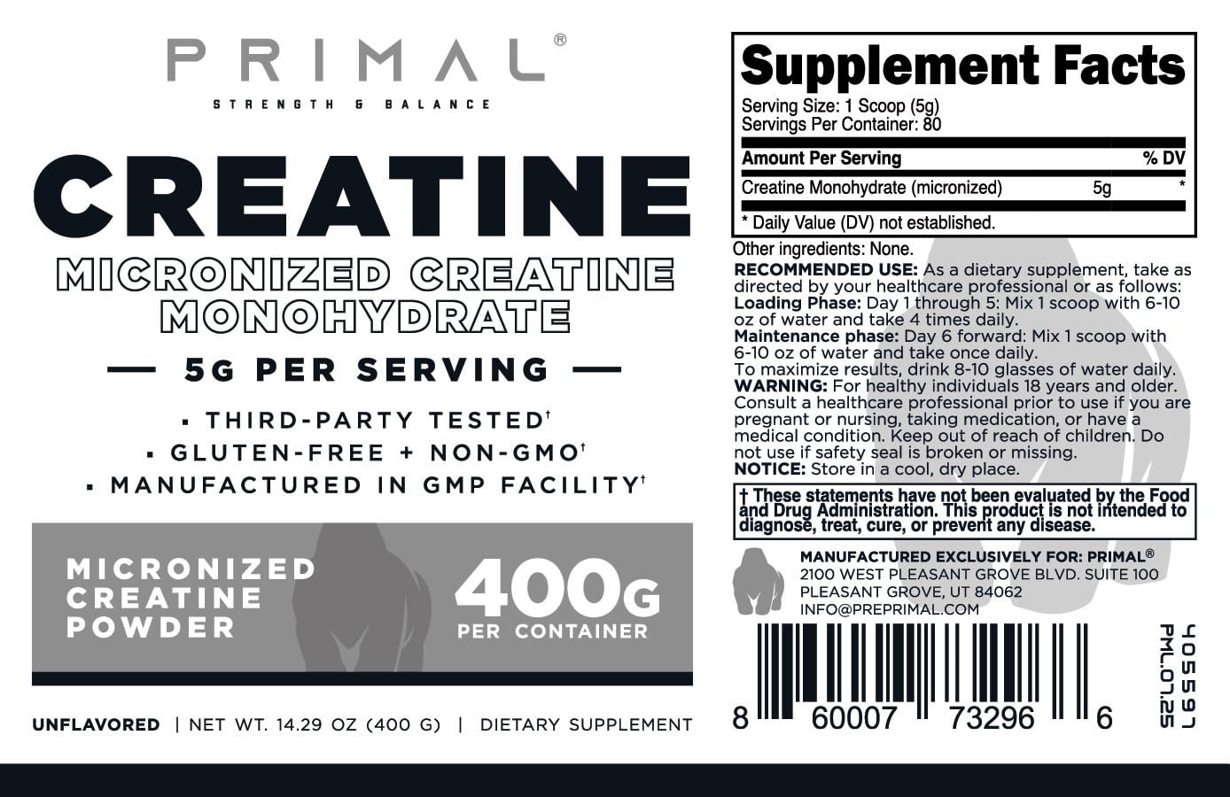 Primal Créatine Monohydrate — contrôle qualité et tests tiers pour la tranquillité d'esprit