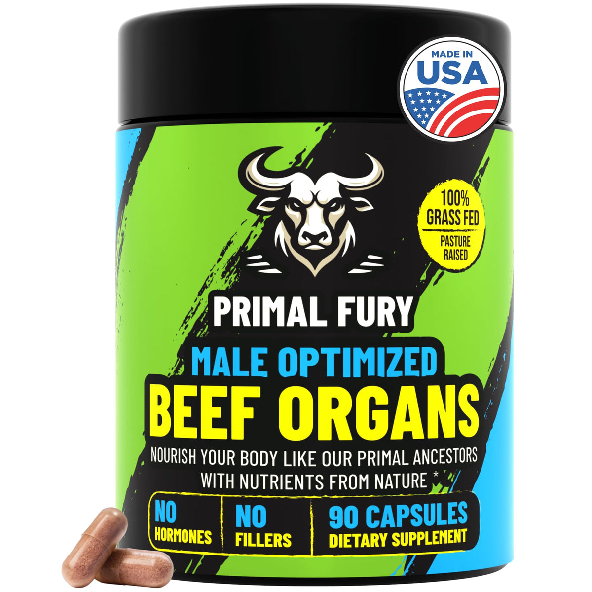 PRIMAL FURY : Bouteille de capsules, soutien masculin et énergie durable.