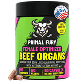 Gélules PRIMAL FURY d’organes de bœuf nourris à l’herbe pour énergie féminine.