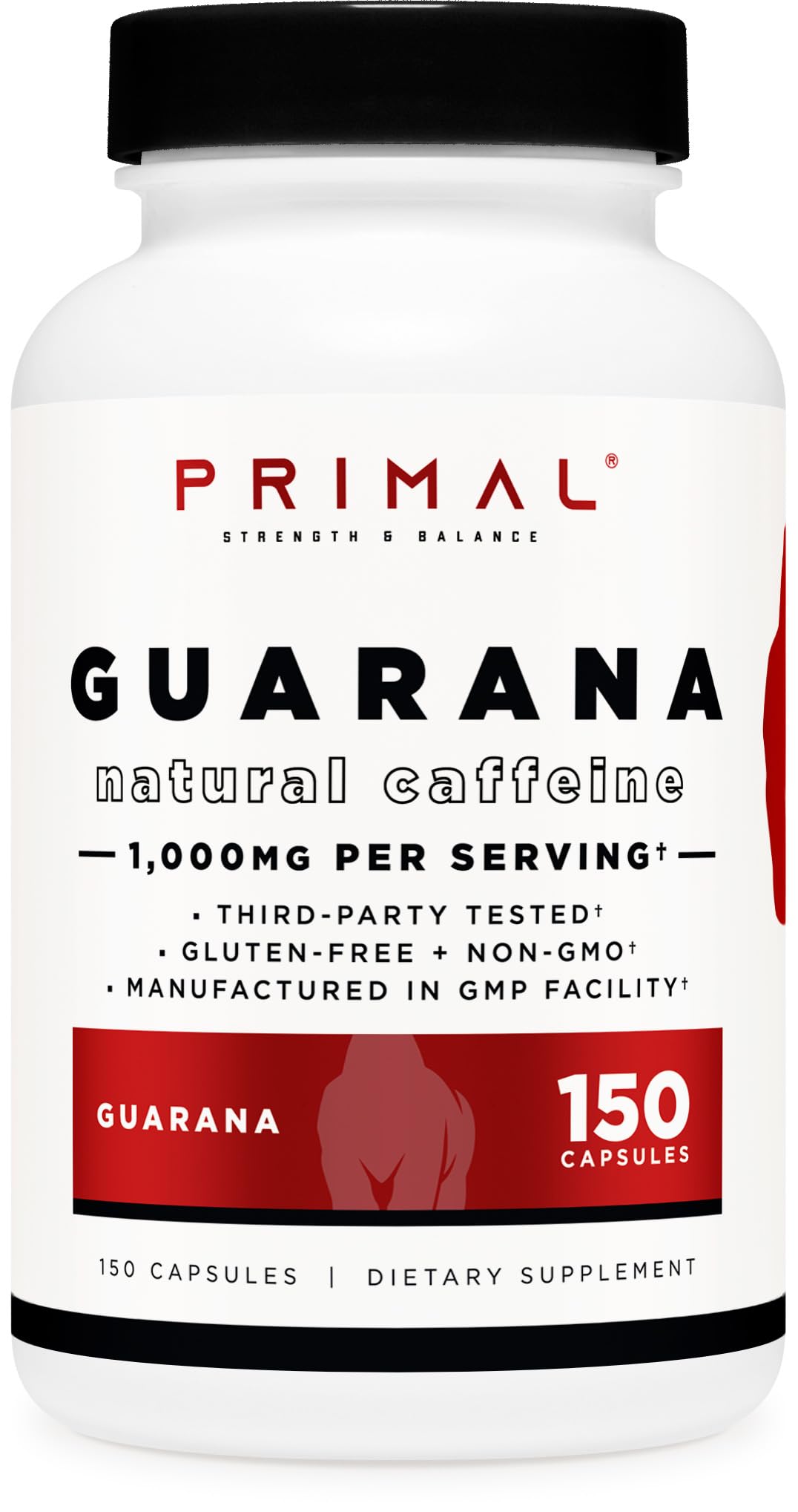 Bouteille Primal Guarana de 150 capsules pour énergie quotidienne et concentration.