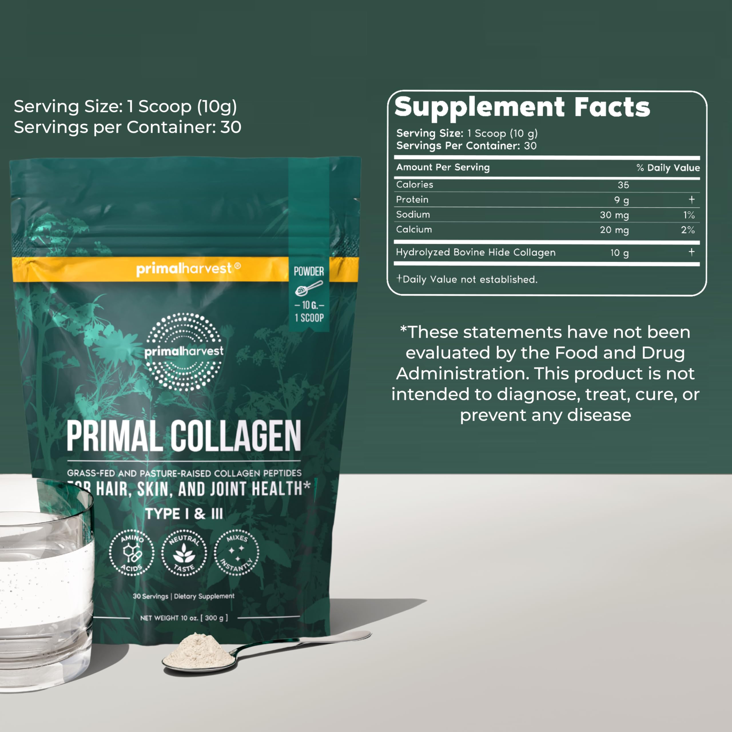 Détails des ingrédients Primal Harvest Collagene, sans additifs et pureté vérifiée.