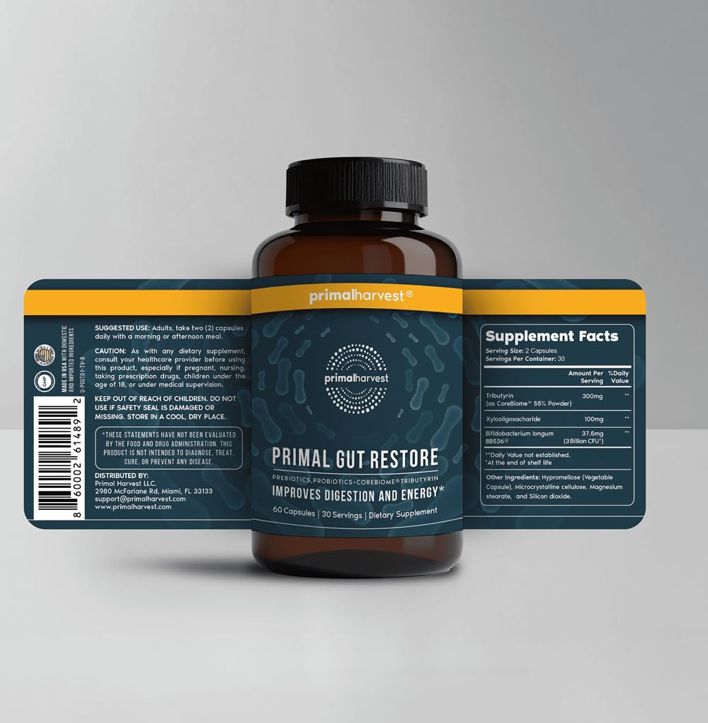 Primal Harvest Gut Restore: composition prébiotiques et probiotiques pour l’équilibre intestinal.