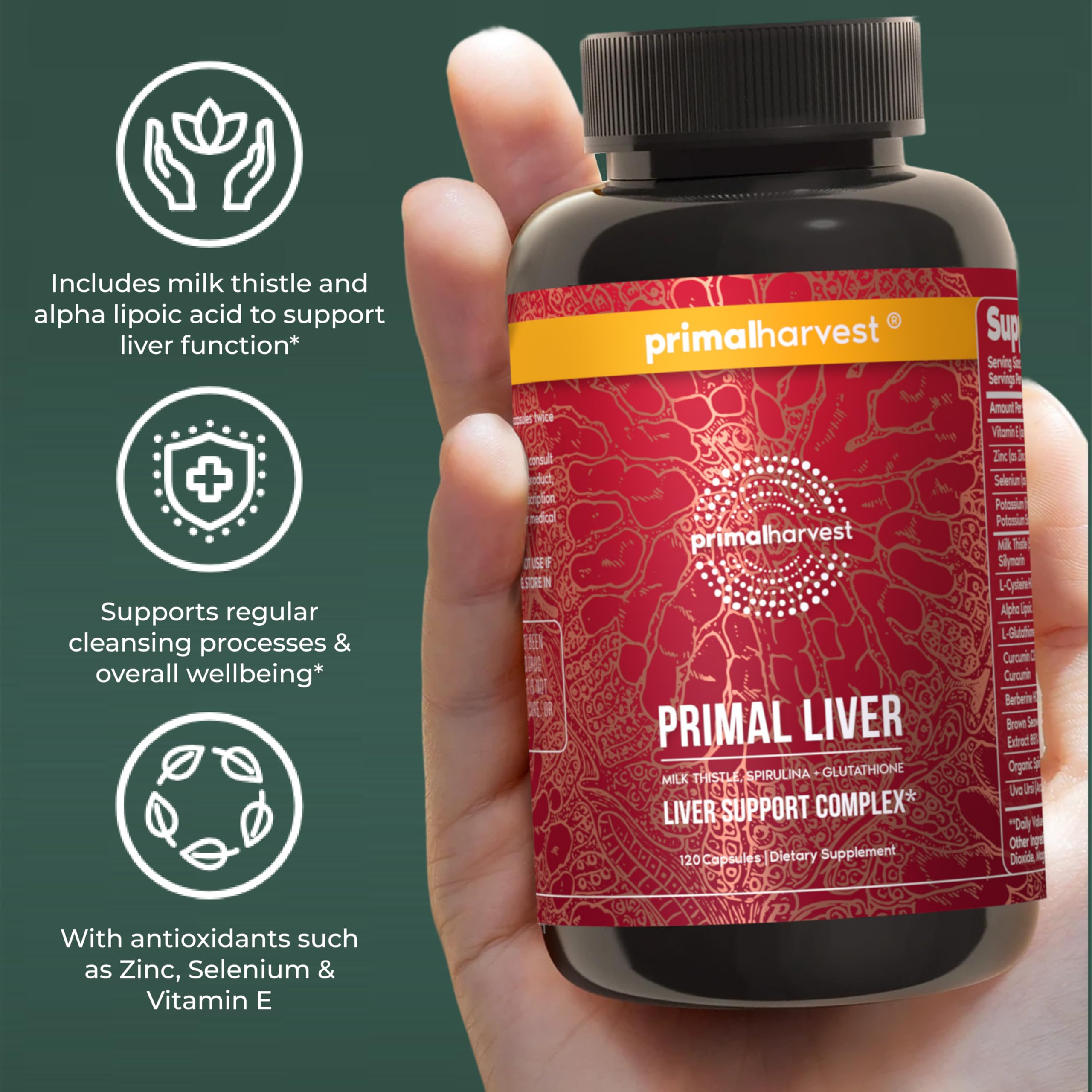Primal Harvest Primal Liver : capsules alignées, usage quotidien possible pour le bien-être hépatique.