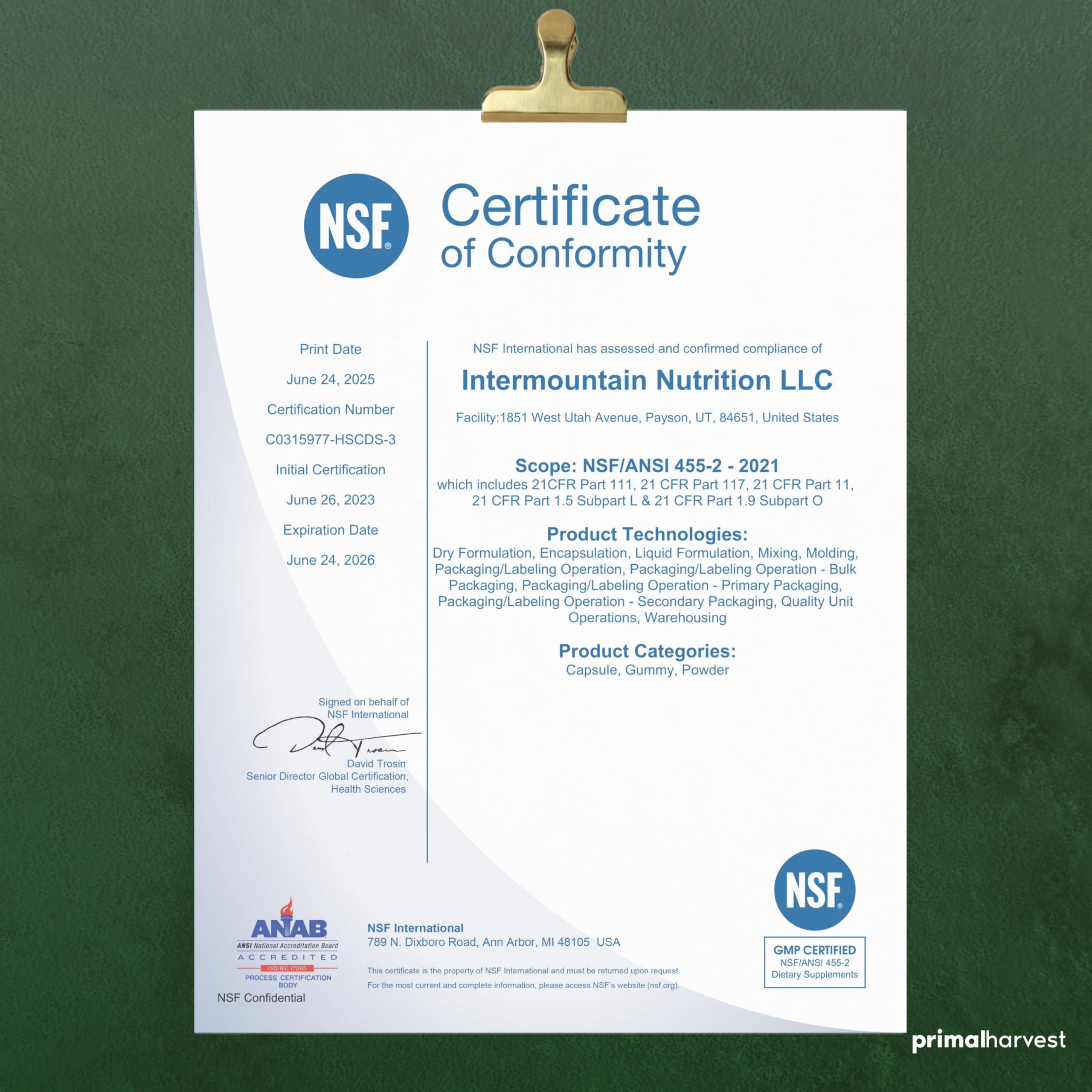 Primal Harvest Primal Liver : certification laboratoire et standards GMP rassurants.