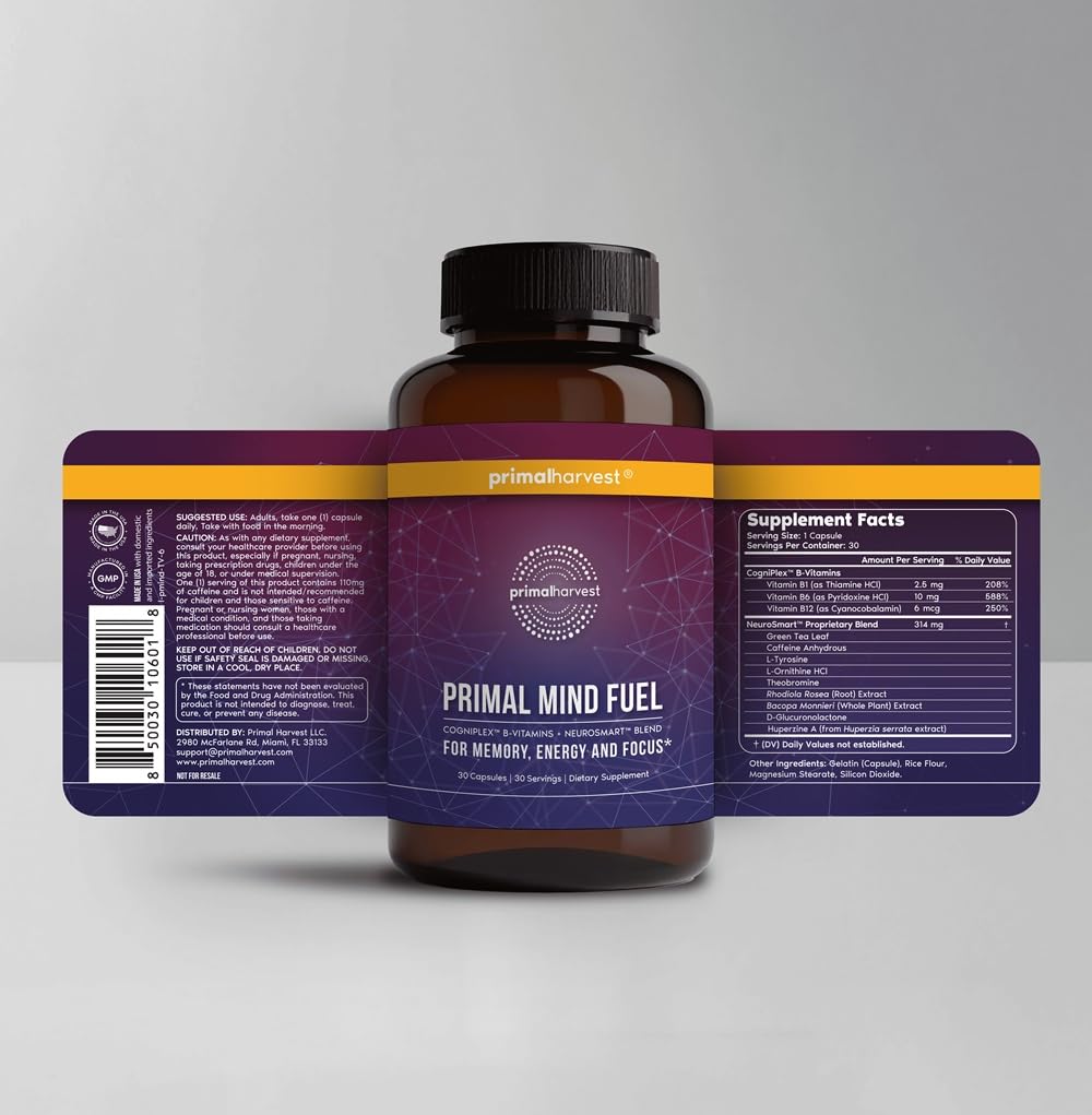 Capsules Primal Mind Fuel en gros plan pour énergie mentale et focus.