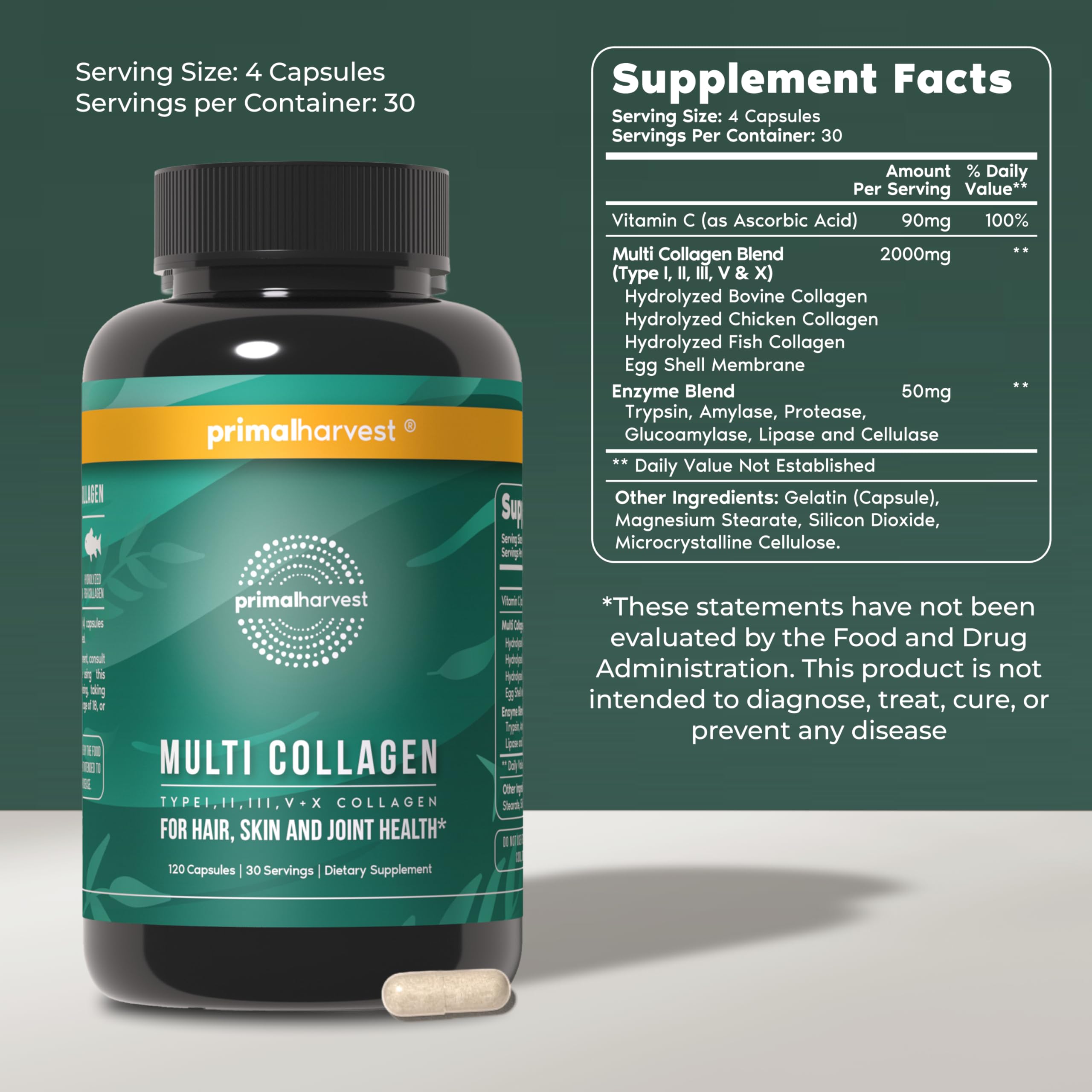 Capsules Primal Harvest Multi Collagen, faciles à avaler pour routine beauté.