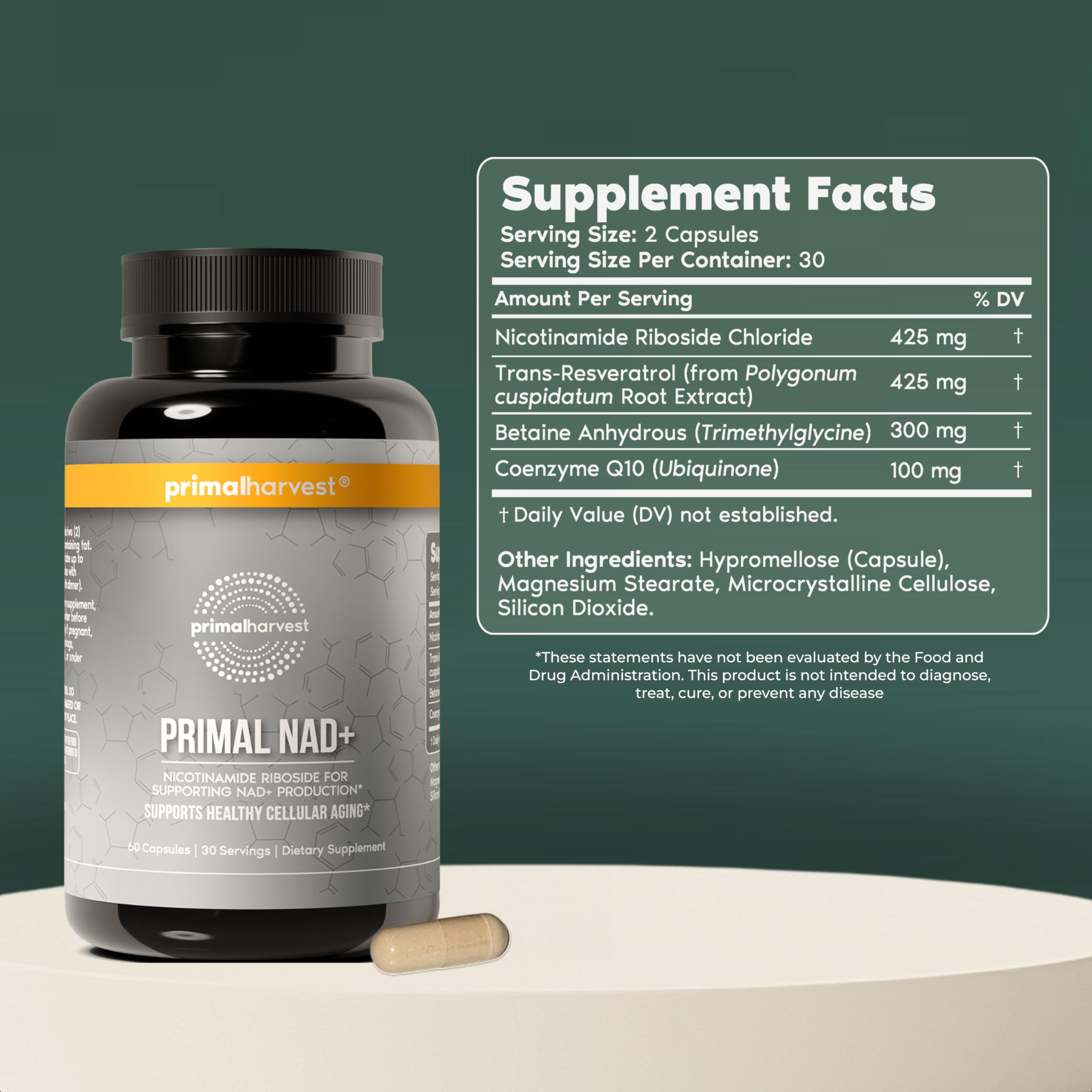 Primal Harvest NAD+ avec riboside de nicotinamide et soutien cellulaire.