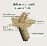 Primal Harvest NAD+ affichant trans-résvératrol et CoQ10 pour énergie mitochondriale.