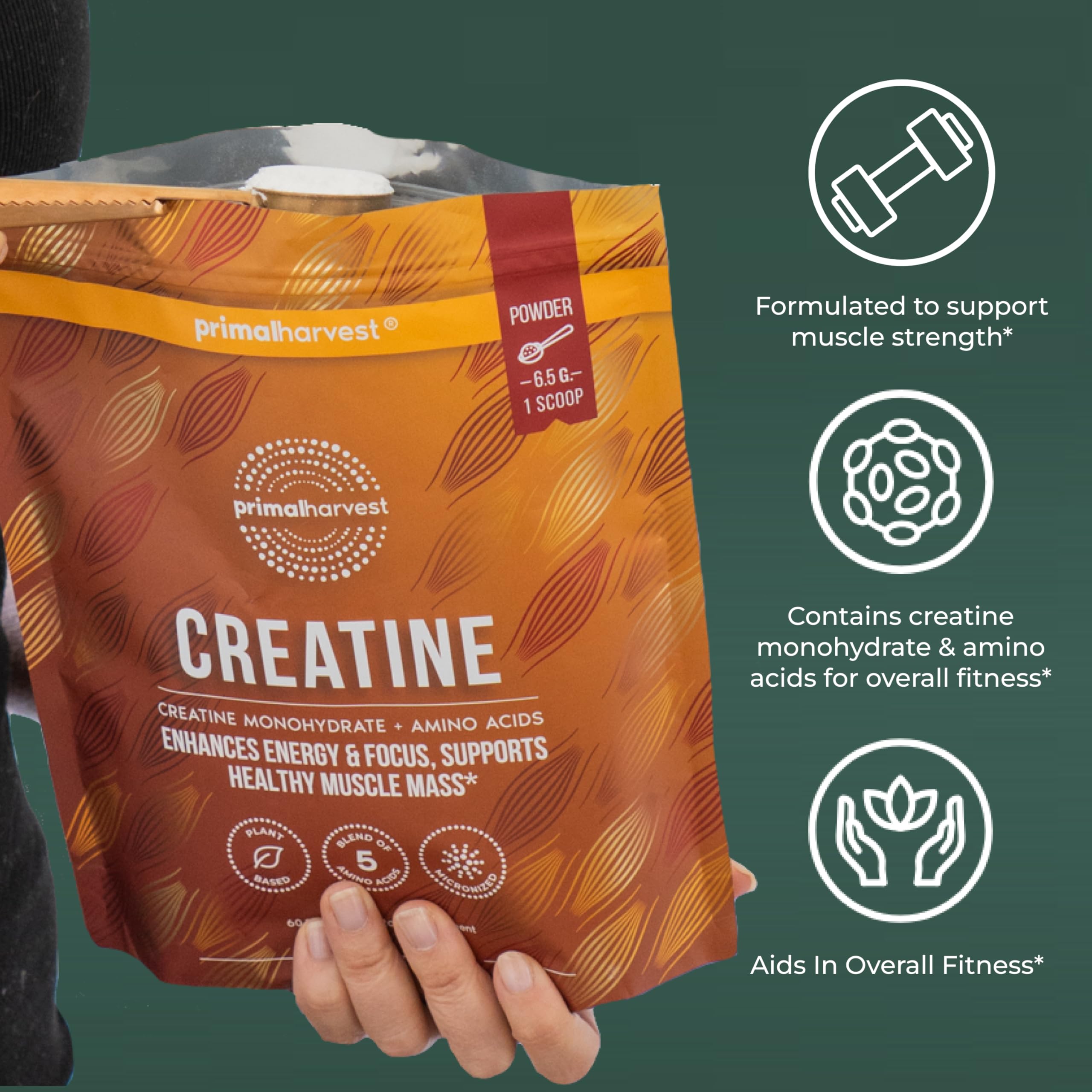 Récupération Primal Harvest poudre créatine, boost potentiel après séance.