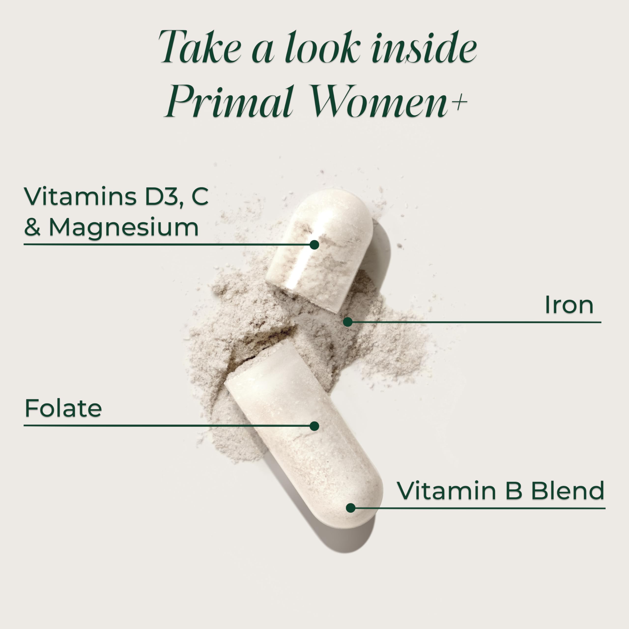 Primal Harvest Women+ etiquette: informations claires sur dosage et bienfaits potentiels.