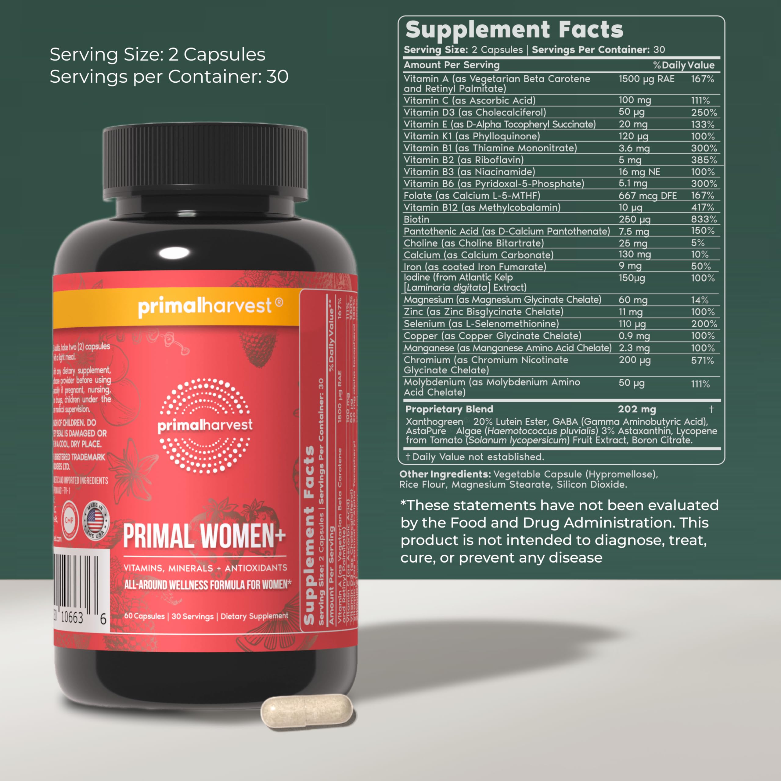 Primal Harvest Women+ gélules: facile à prendre pour énergie et immunité.