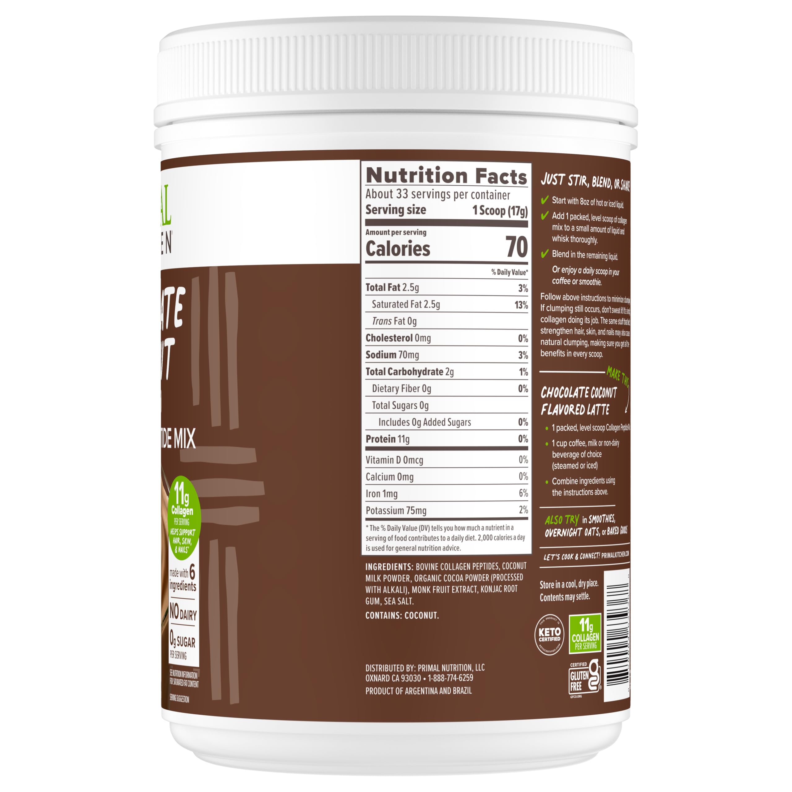 Verre glace de Primal Kitchen Chocolate Collagen Fuel, gout chocolat riche sans lactose.