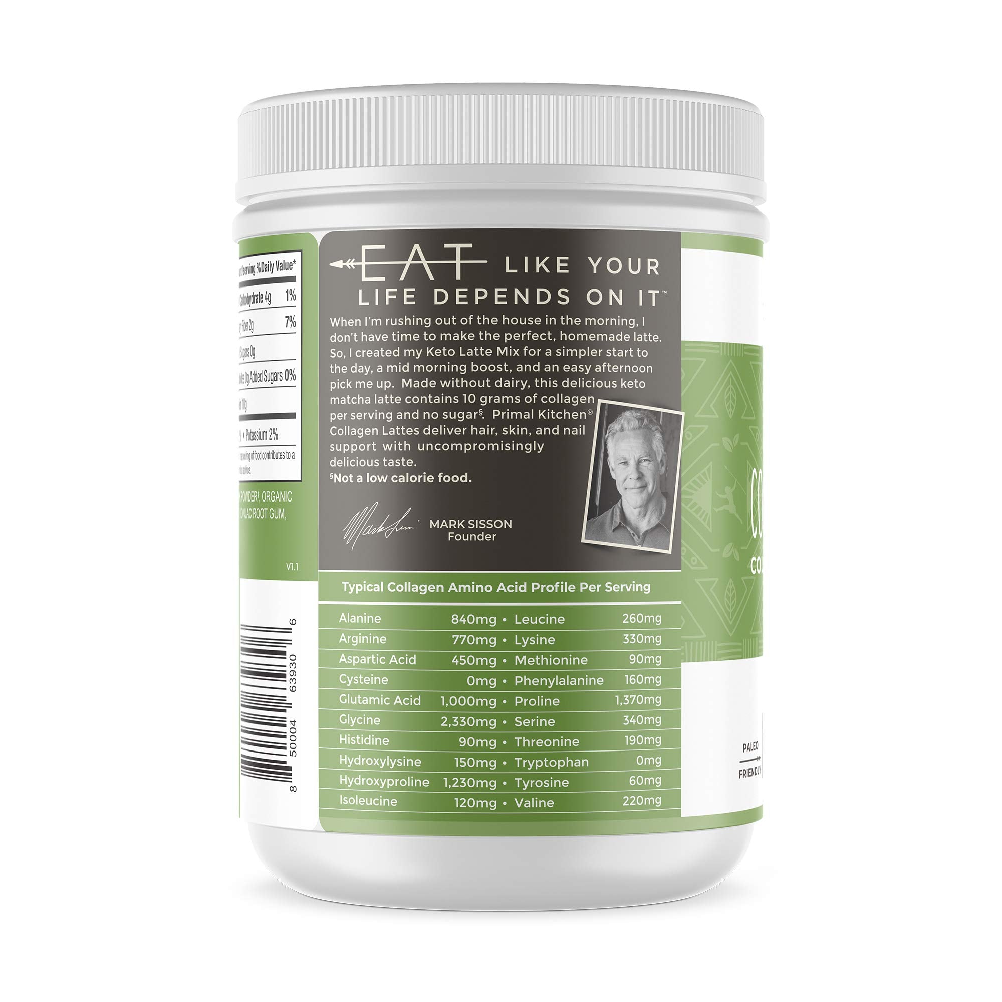 Primal Kitchen Matcha Collagen Keto Latte - ingrédients sans produits laitiers, soja ni whey.