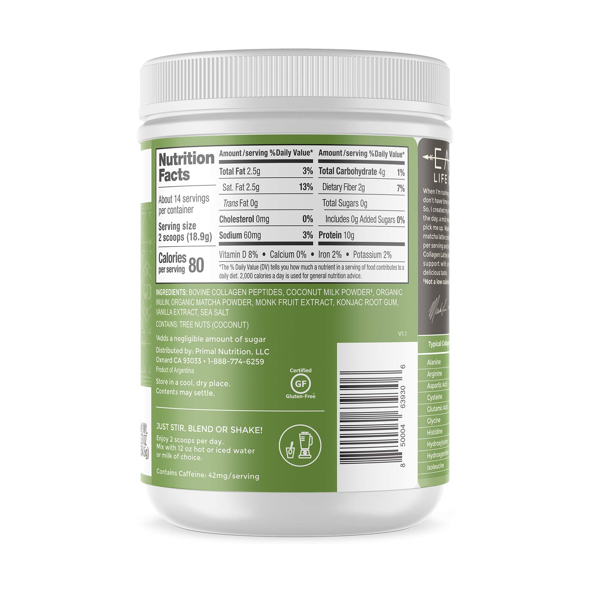Primal Kitchen Matcha Collagen Keto Latte - tasse prête à déguster, goût riche de matcha.