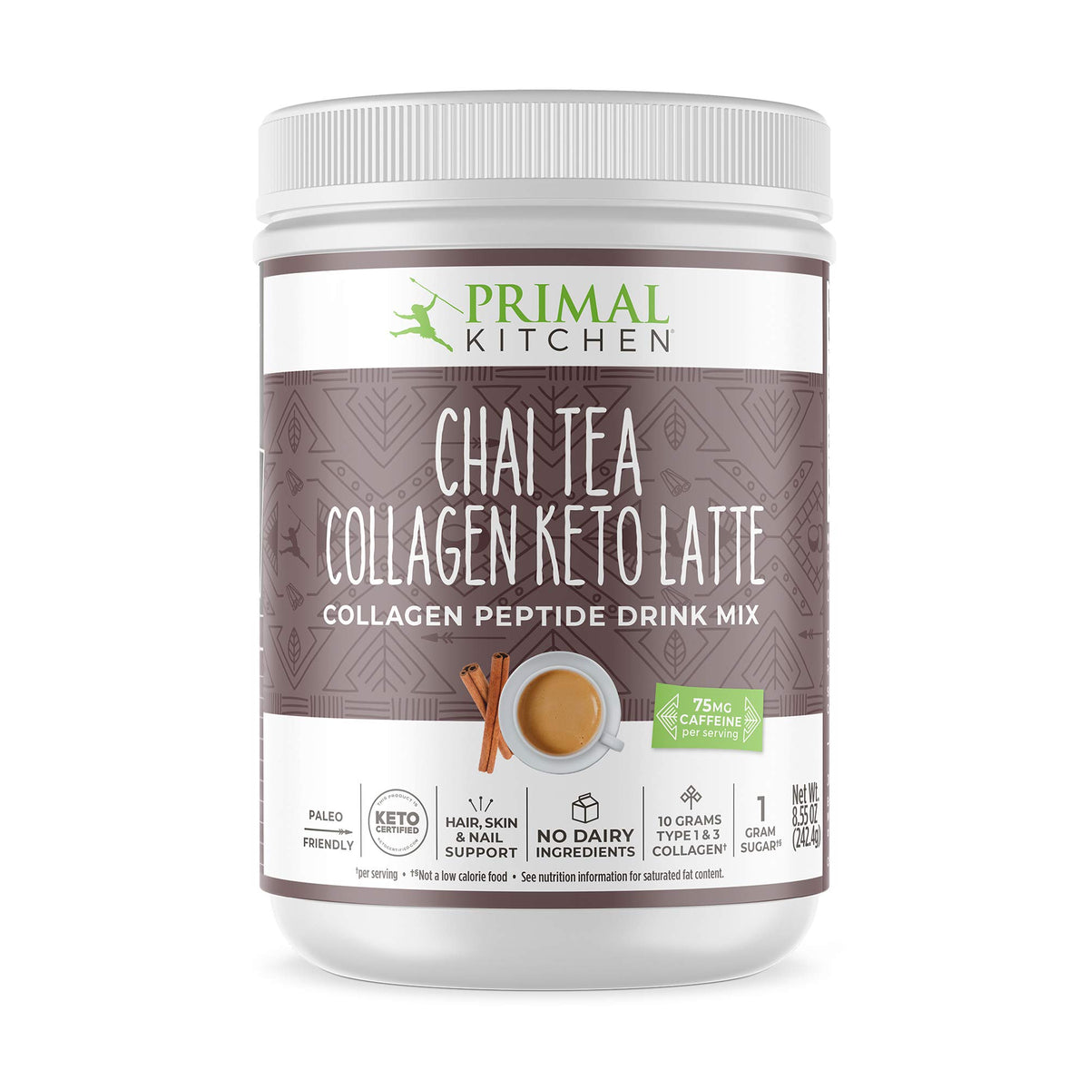 Primal Kitchen chai collagène latte, boisson réconfortante riche en peptides.