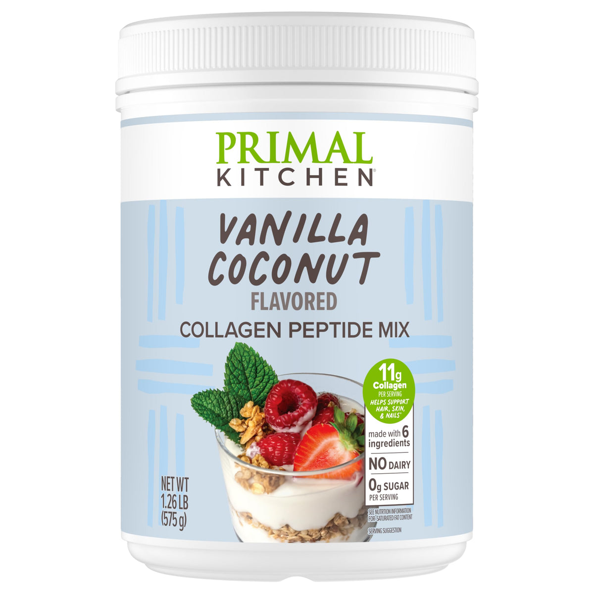 Primal Kitchen Vanilla Coconut Collagen Fuel en poudre soutient peau et cheveux.