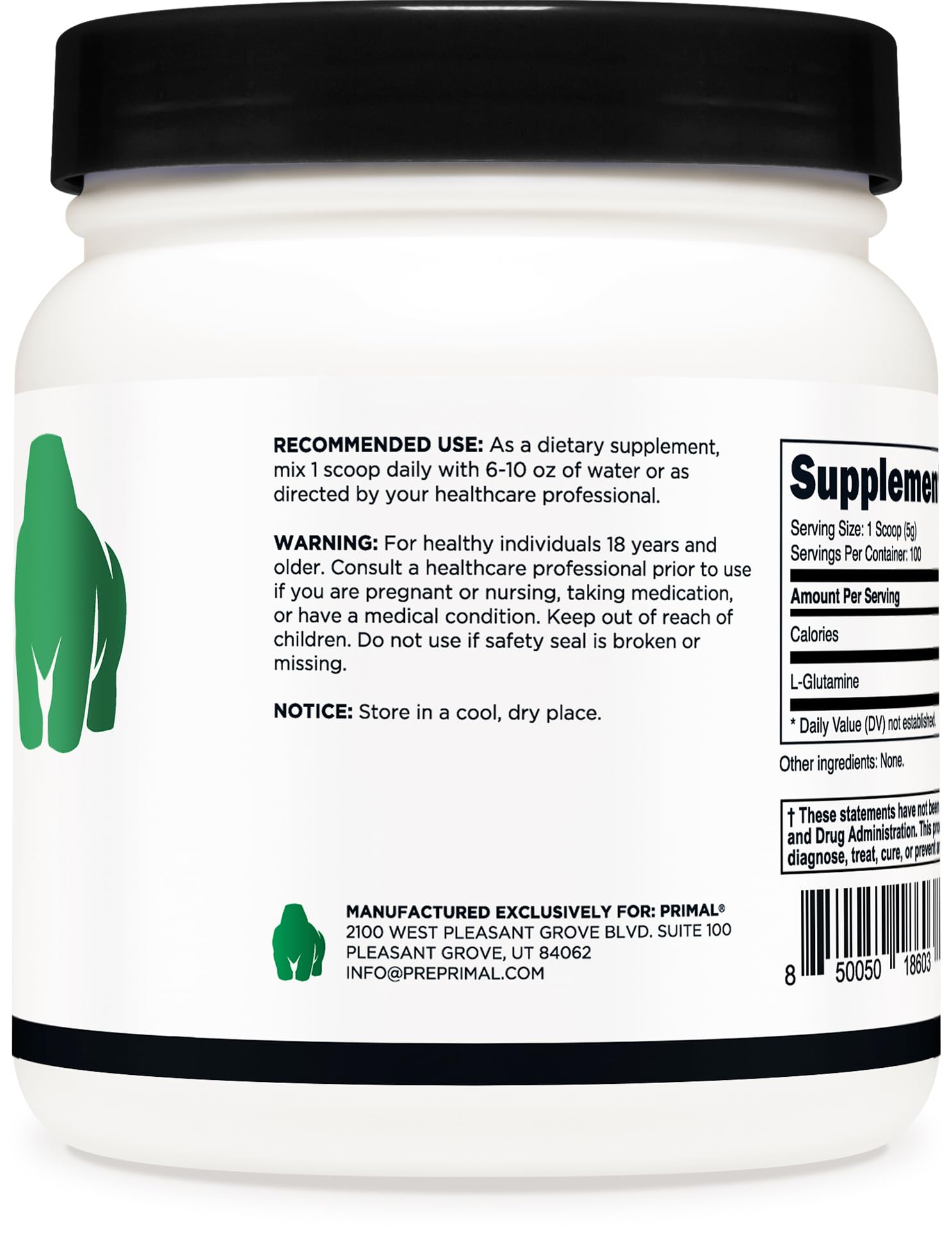 Primal L-Glutamine: poudre incolore qui se mêle sans altérer le goût.