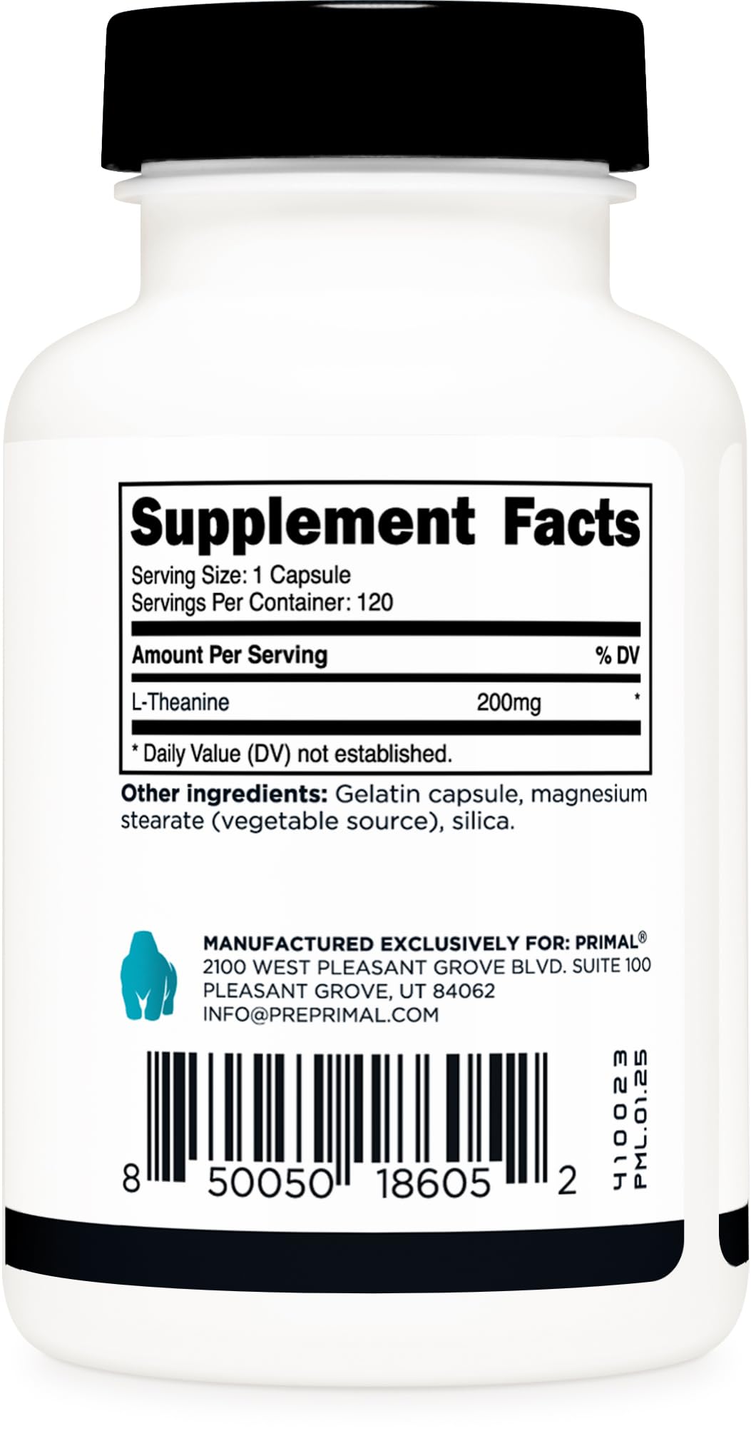 Étiquette Primal L-Theanine affichant certification NSF et pratiques GMP.
