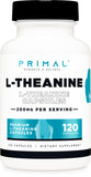 Gélules Primal L-Theanine dans la bouteille, soutien potentiel à la concentration.