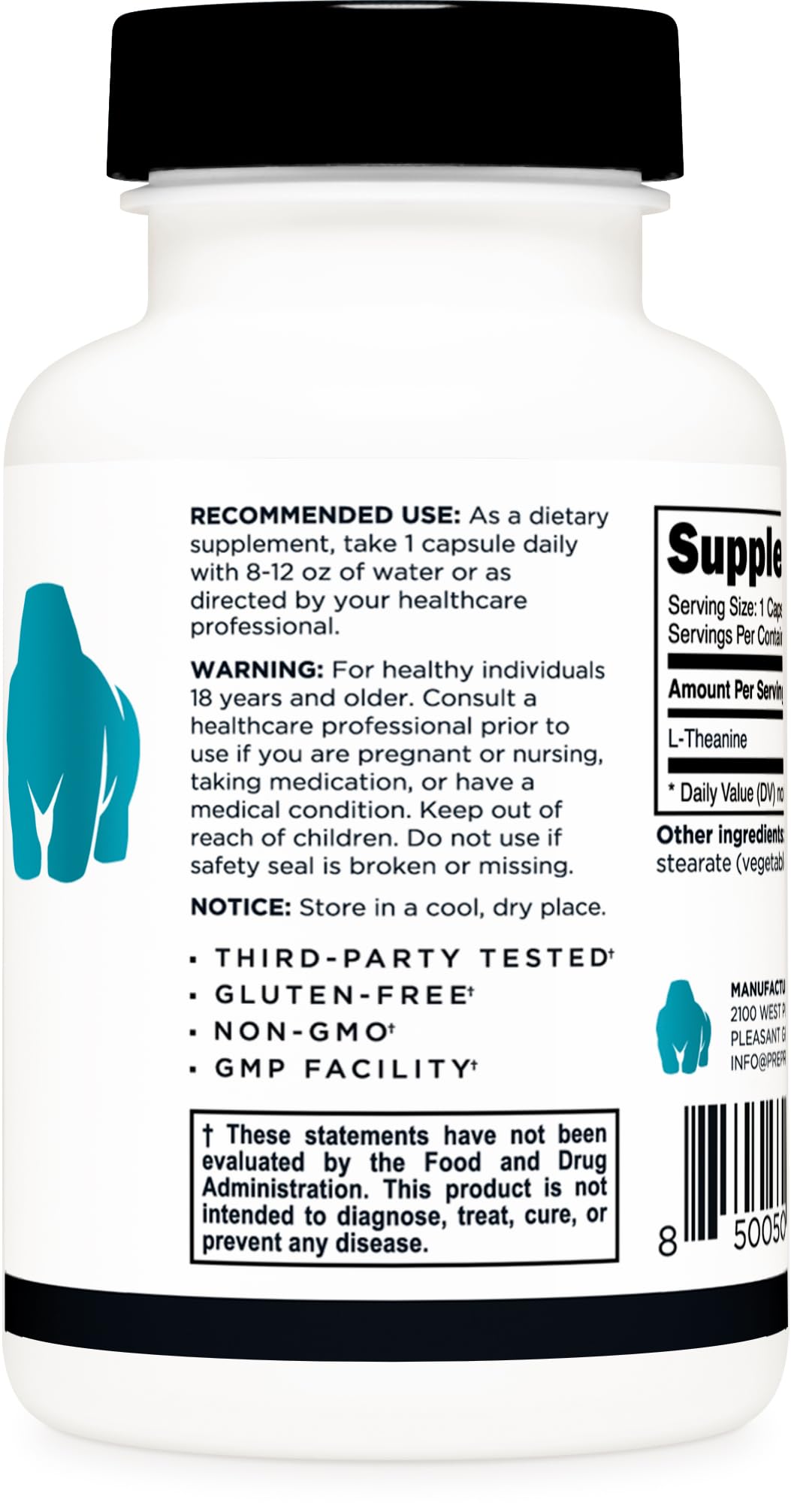 Gélules Primal L-Theanine en gros plan, texture lisse et dosage clair.