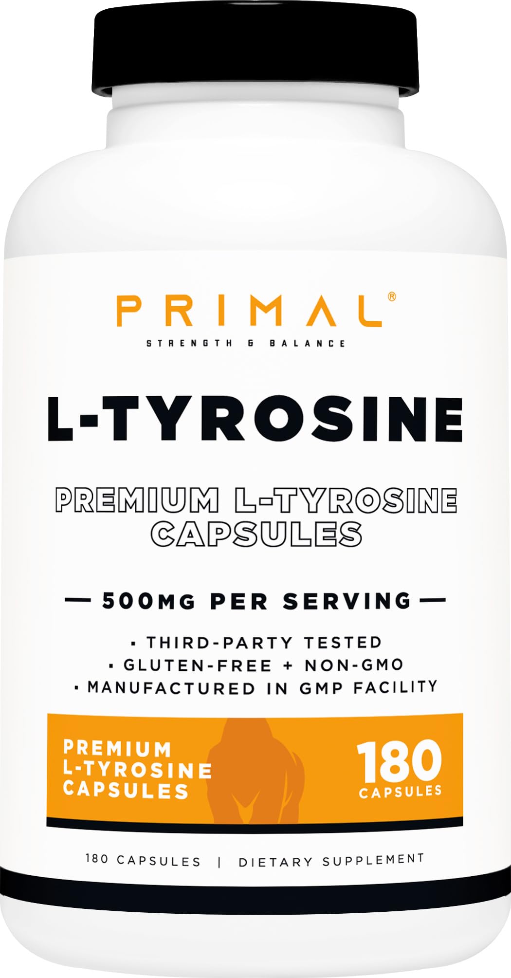 Primal L-Tyrosine gelules et bouteille pour soutenir la concentration au quotidien.