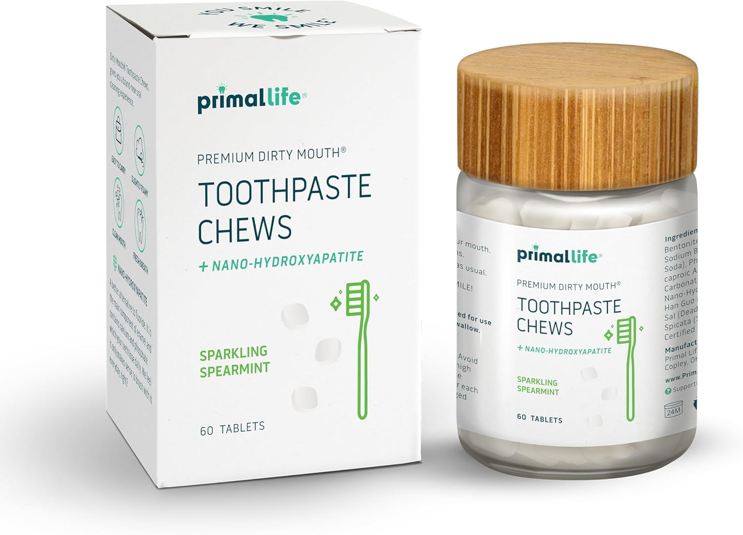 Primal Life Organics – boite 60 tablettes dentifrice masticables, fraîcheur durable.