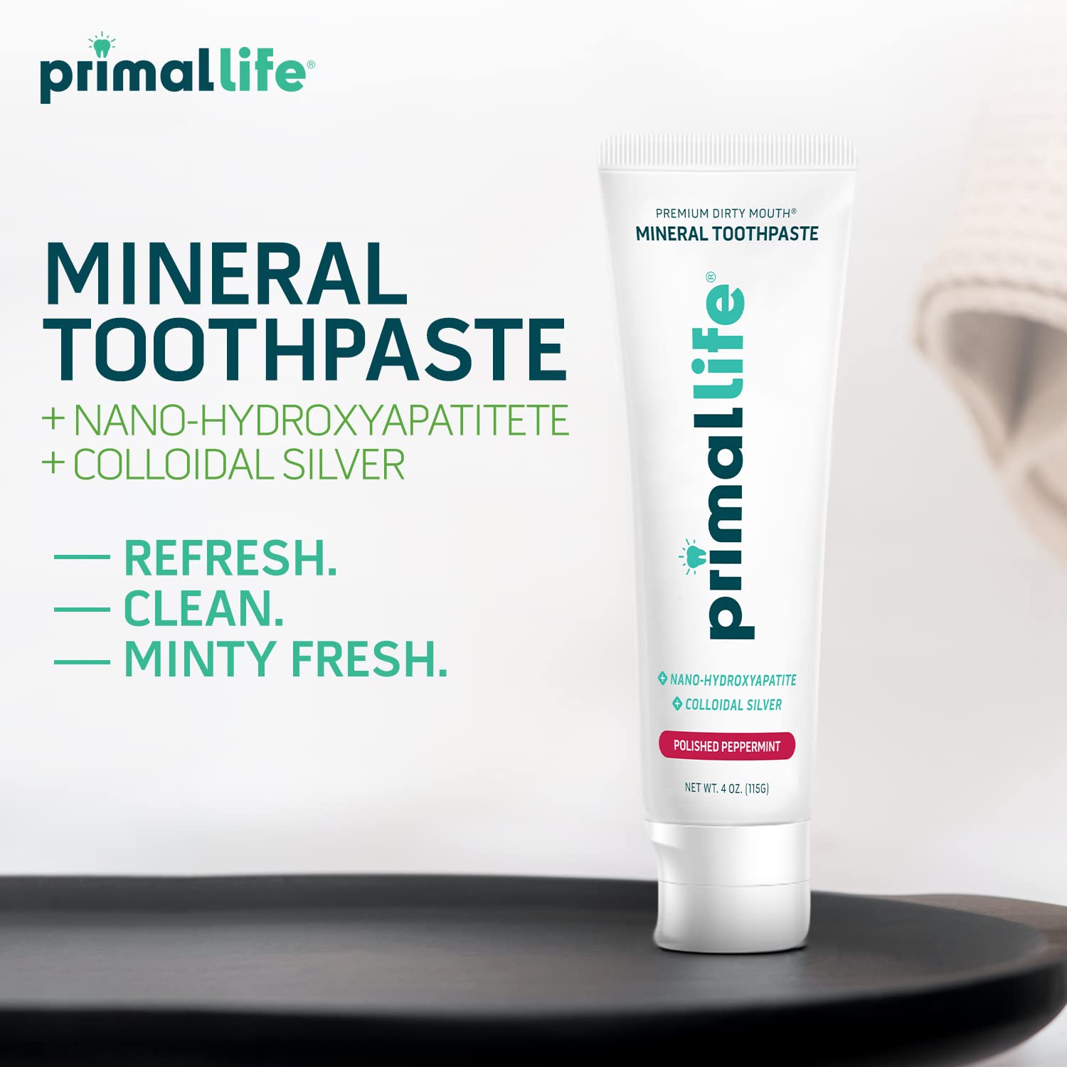 Ingrédients minéraux bentonite et kaolin, dentifrice Primal Life Organics pour un nettoyage en profondeur