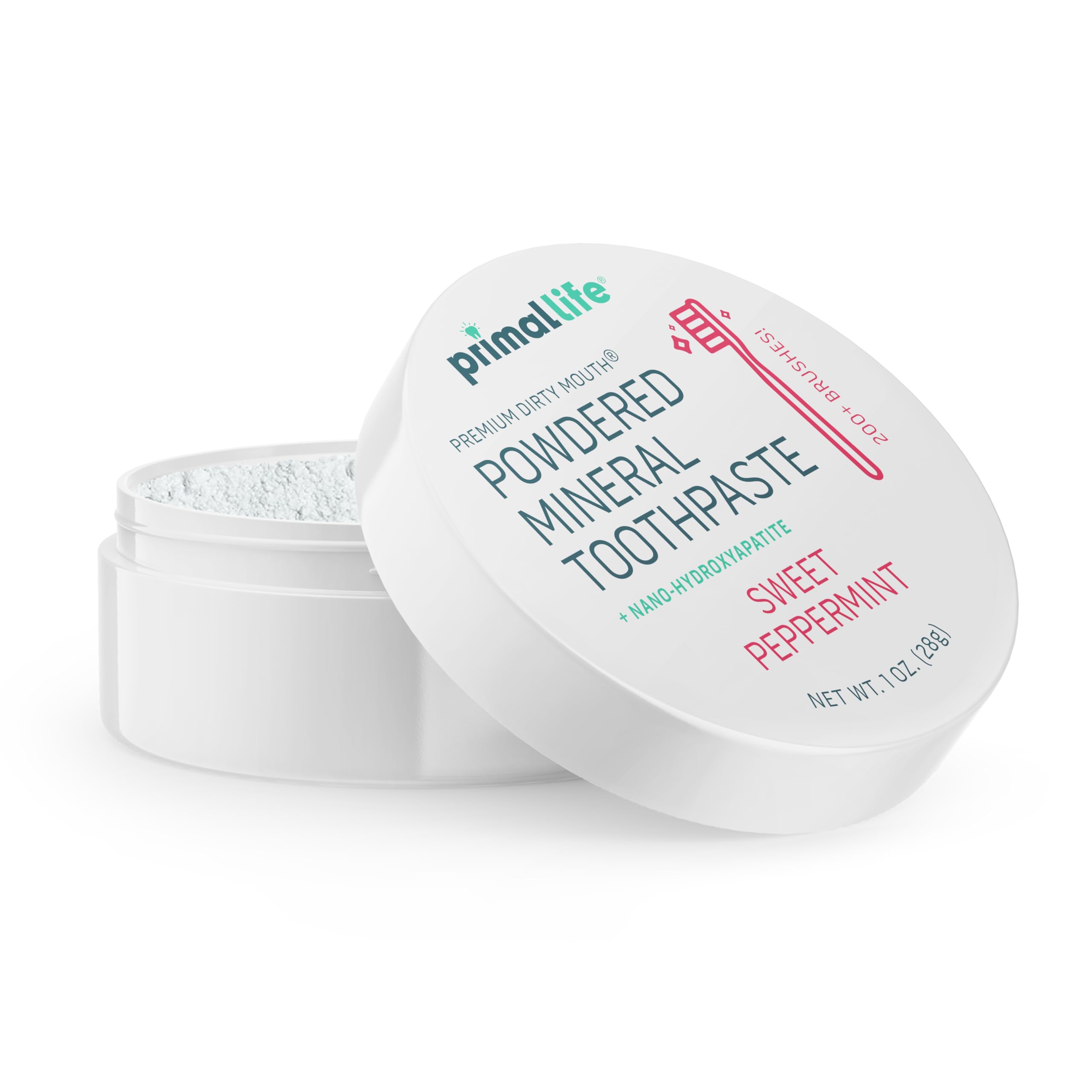 Poudre dentifrice Dirty Mouth de Primal Life Organics dans une bouteille, fraîcheur naturelle.