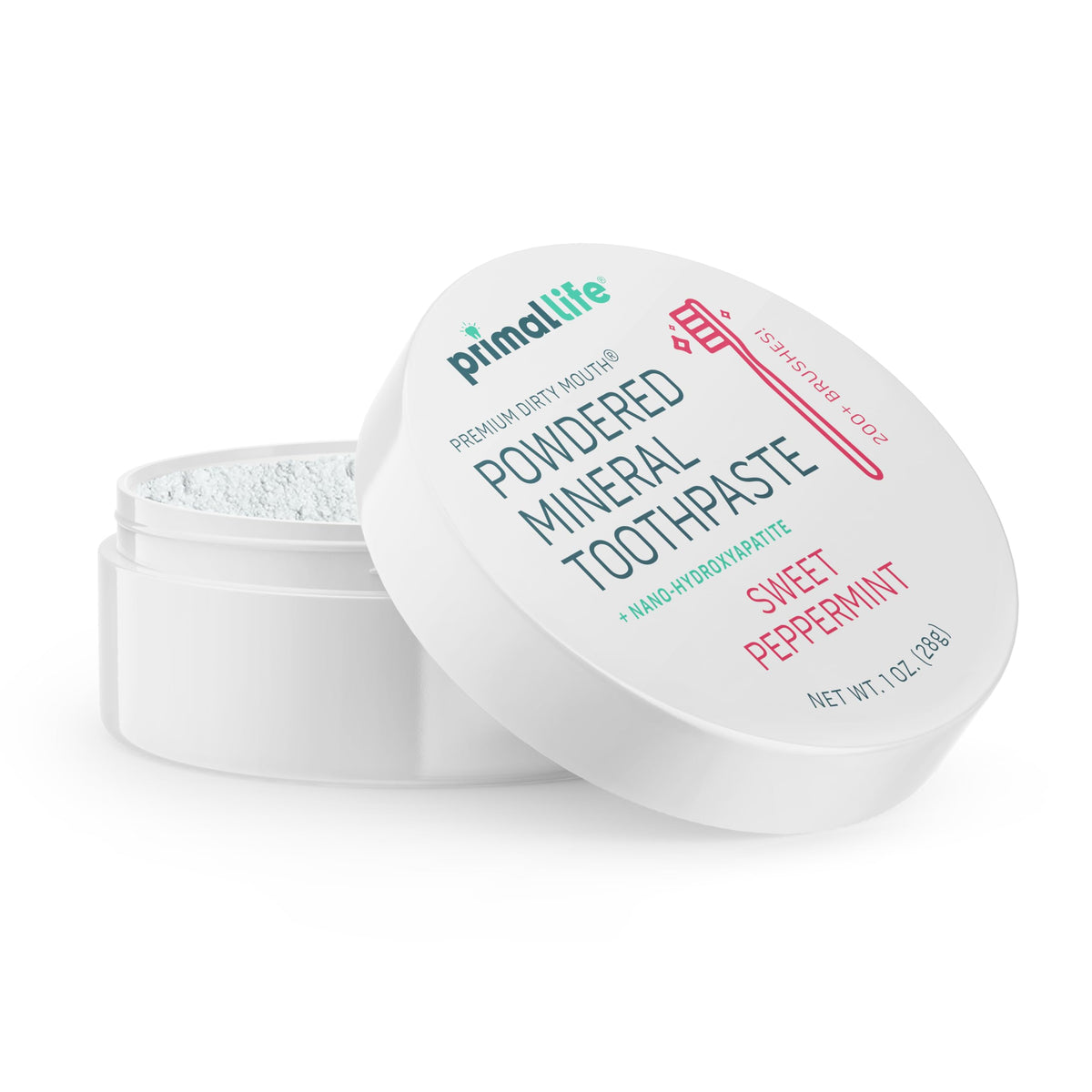 Poudre dentifrice Dirty Mouth de Primal Life Organics dans une bouteille, fraîcheur naturelle.