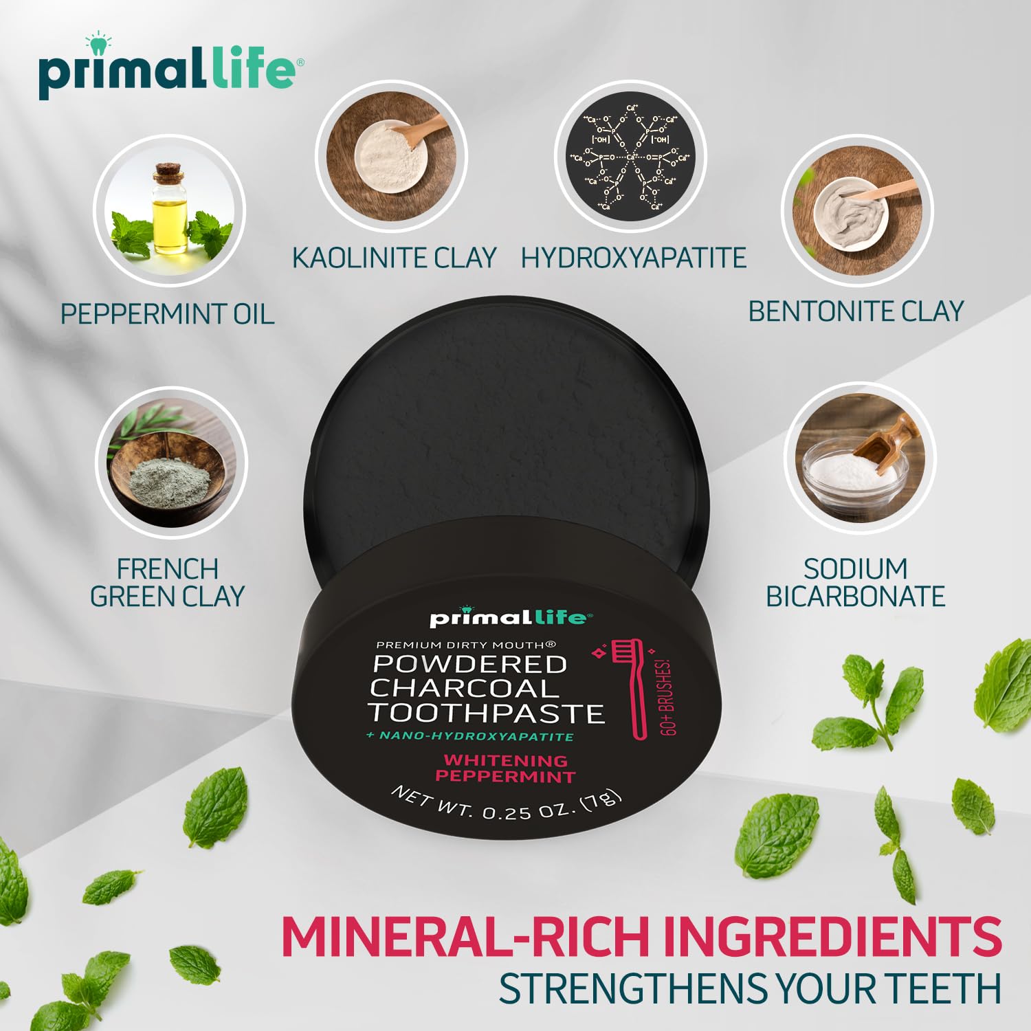 Primal Life Organics ingrédients bentonite kaolin hydroxyapatite pour texture douce