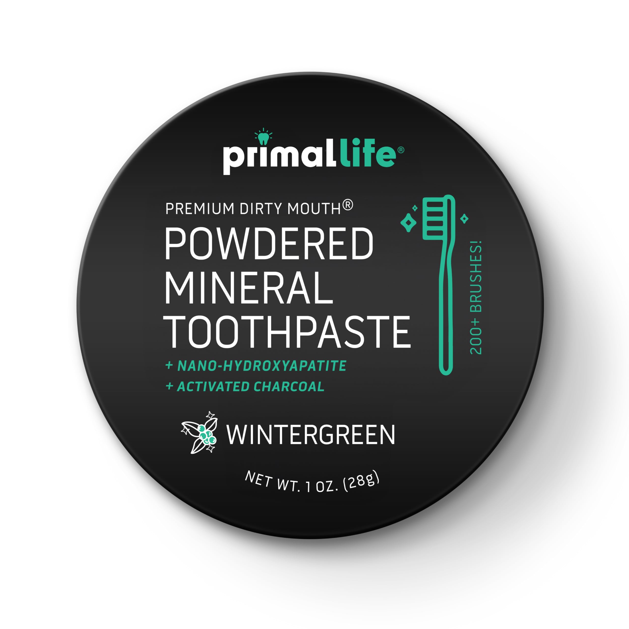 Primal Life Organics Dirty Mouth Toothpowder sur emballage, promouvant une routine bucco-dentaire naturelle.