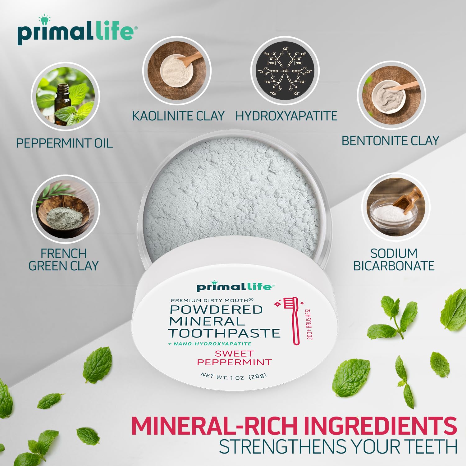 Texture minérale douce avec bicarbonate de soude pour un brossage efficace.