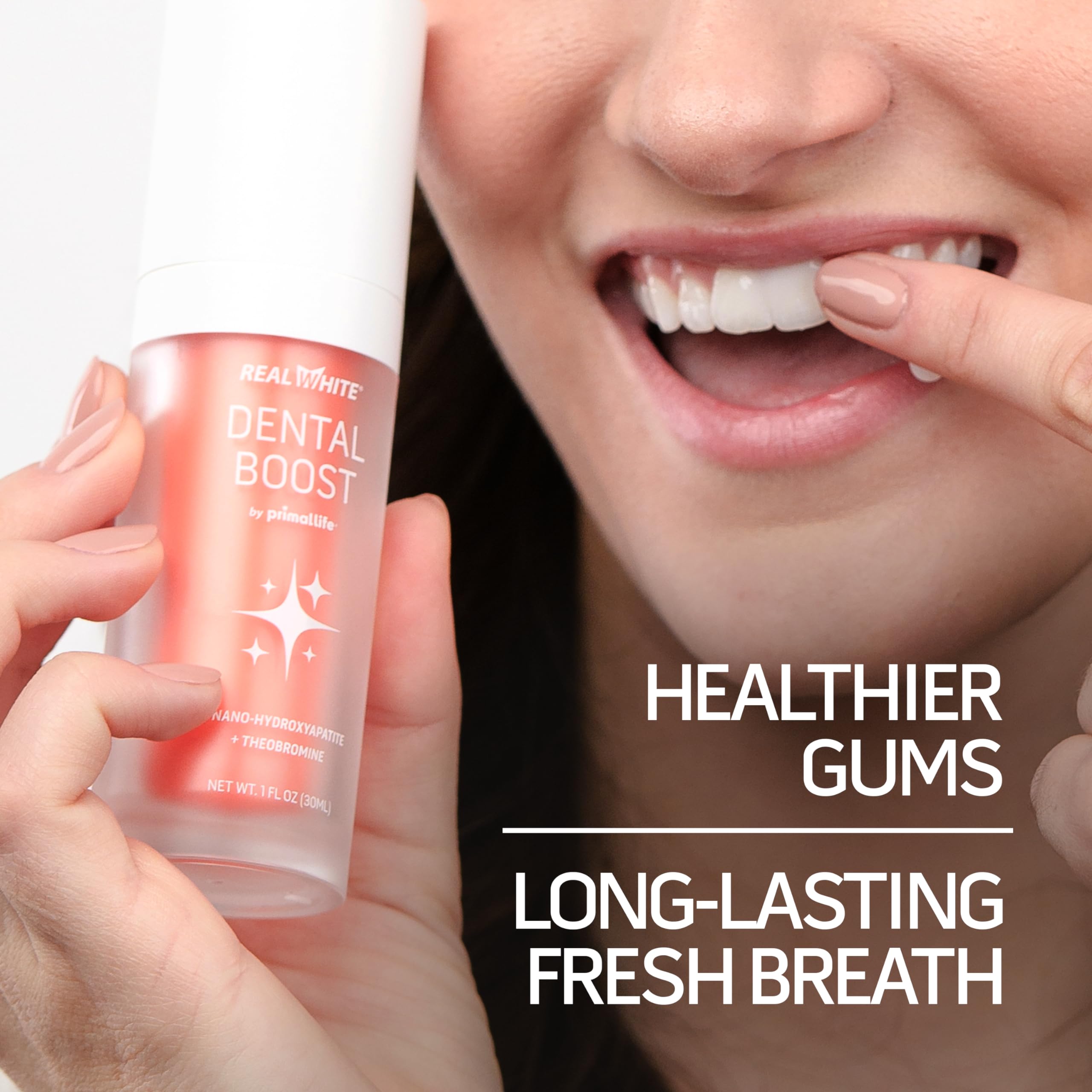 Sourire plus frais après l’application de Real White Dental Boost.