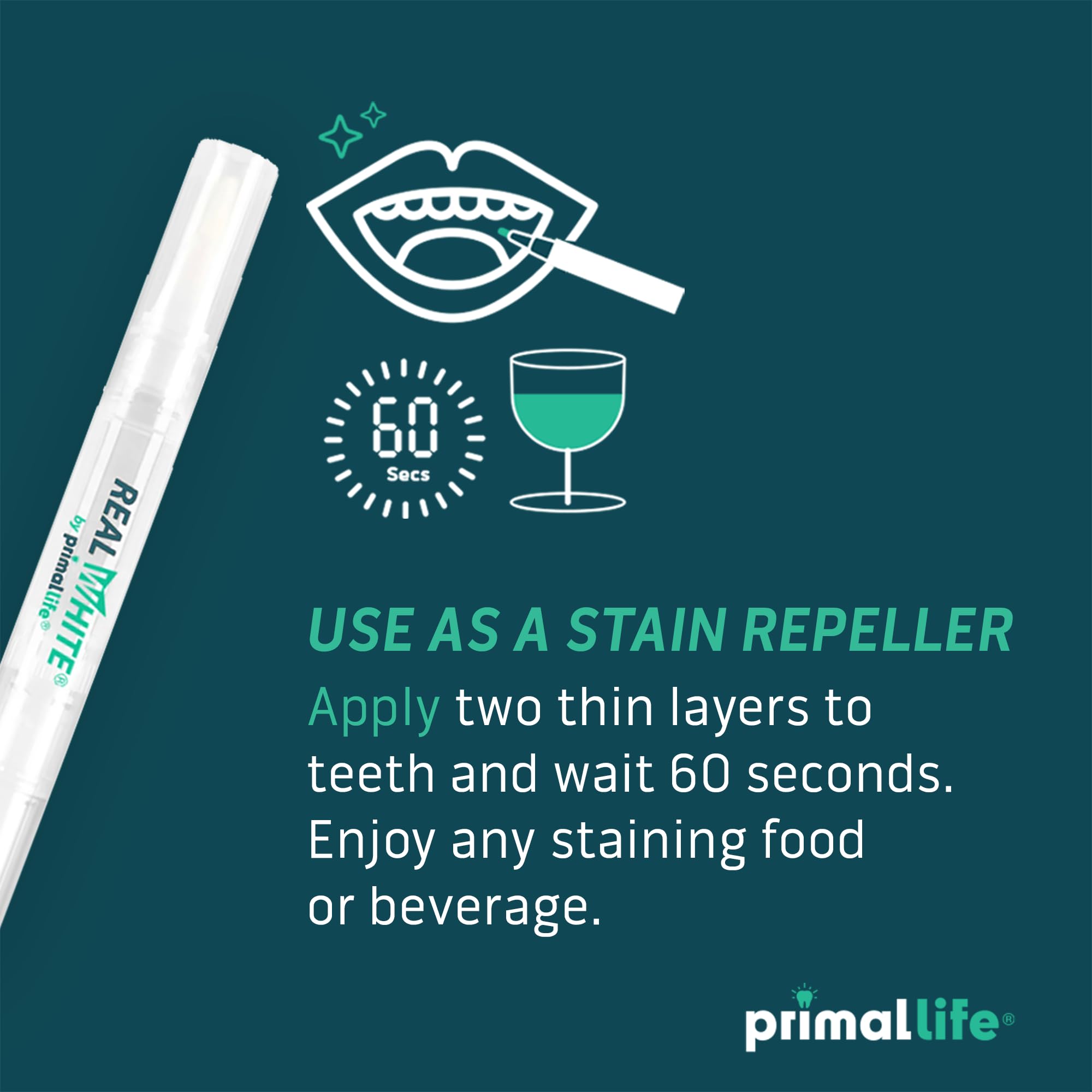 Primal Life Organics Real White Teeth Whitening Pen – emballage compact pour les retouches en déplacement.