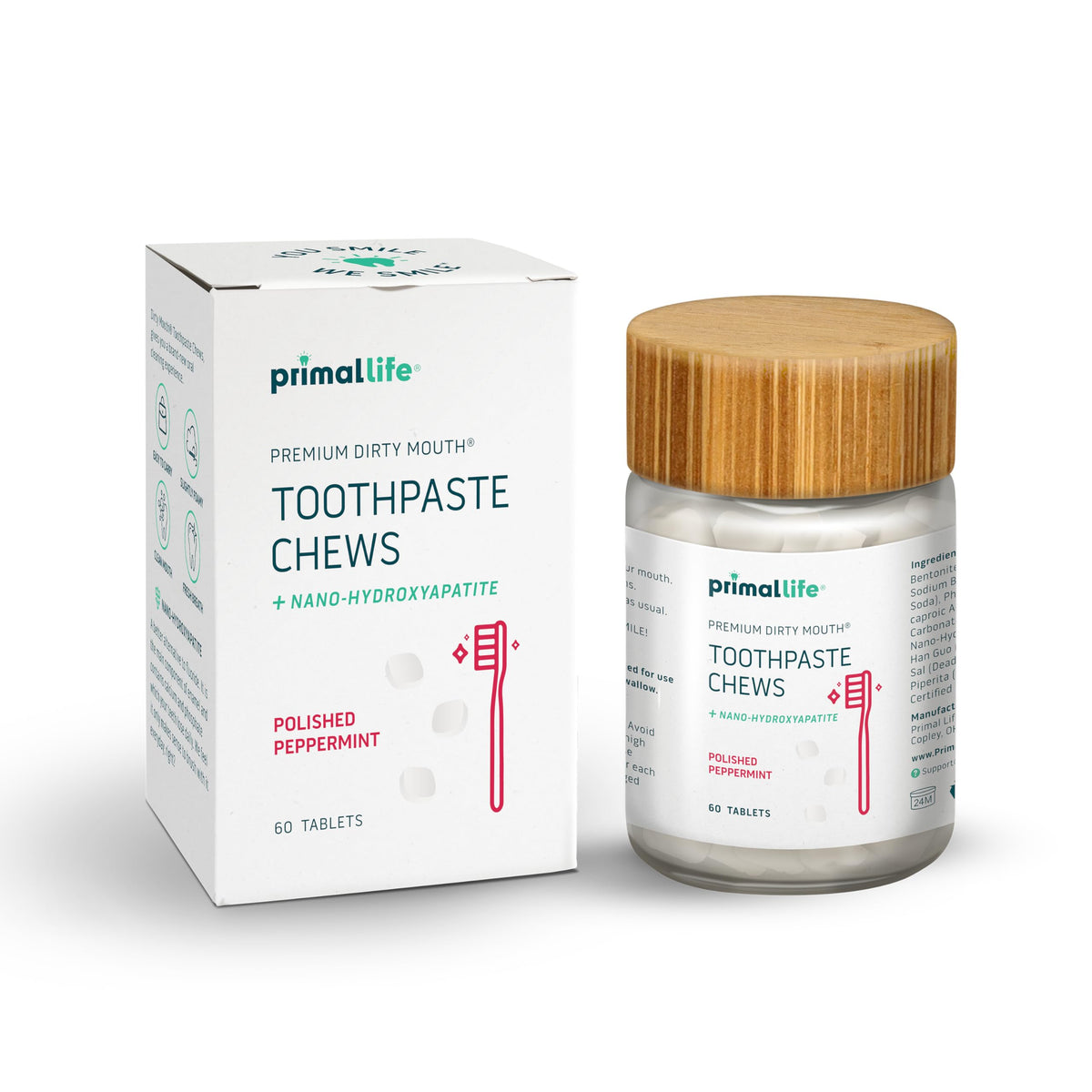 Primal Life Organics tablettes dentifrice menthe polie – mousse rafraîchissante lors du brossage.
