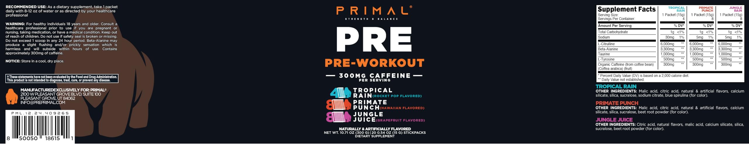 Primal PRE ensemble sachets, variété de saveurs pour divers entraînements.
