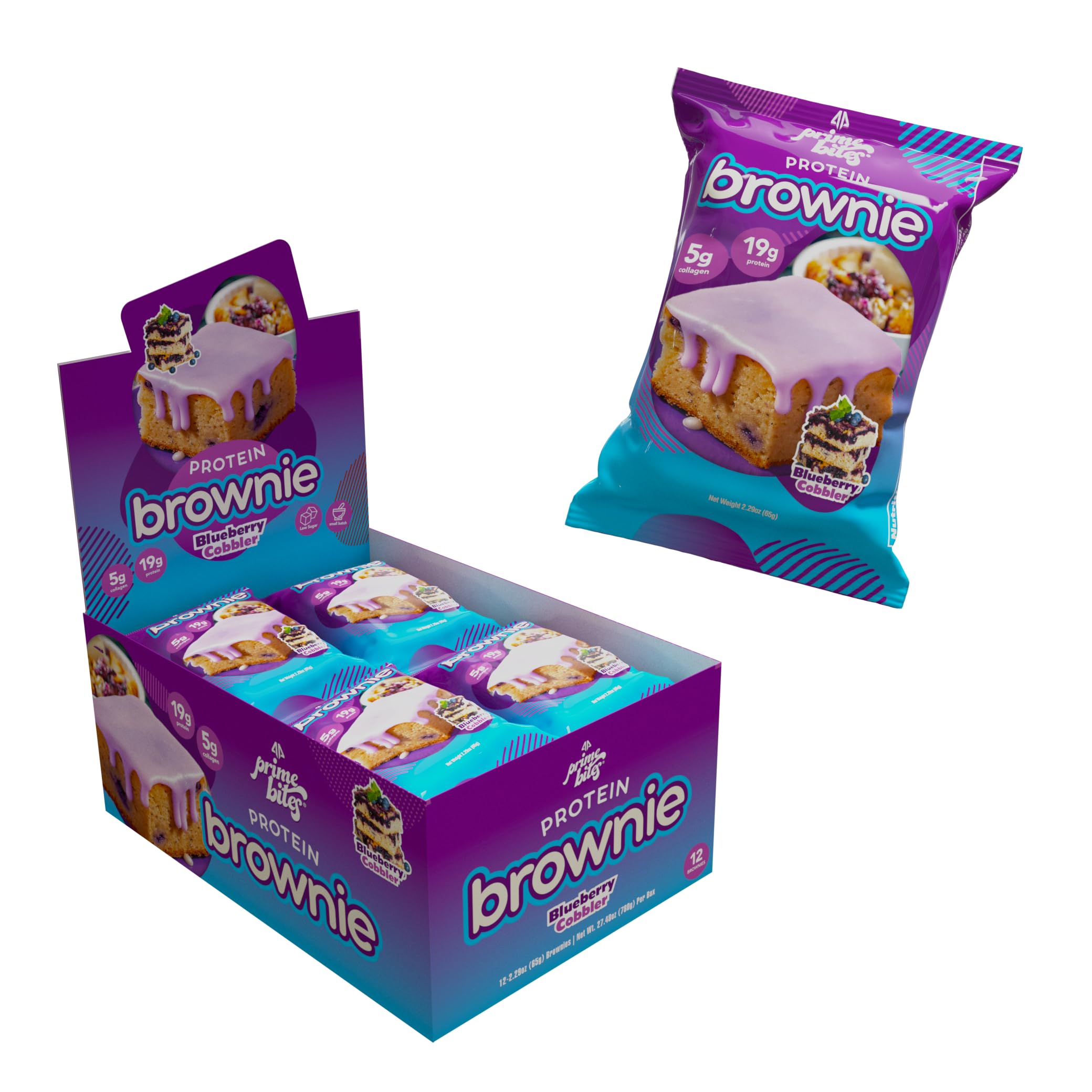 Prime Bites brownie protéiné à la myrtille, goût délicieux et sans gluten.
