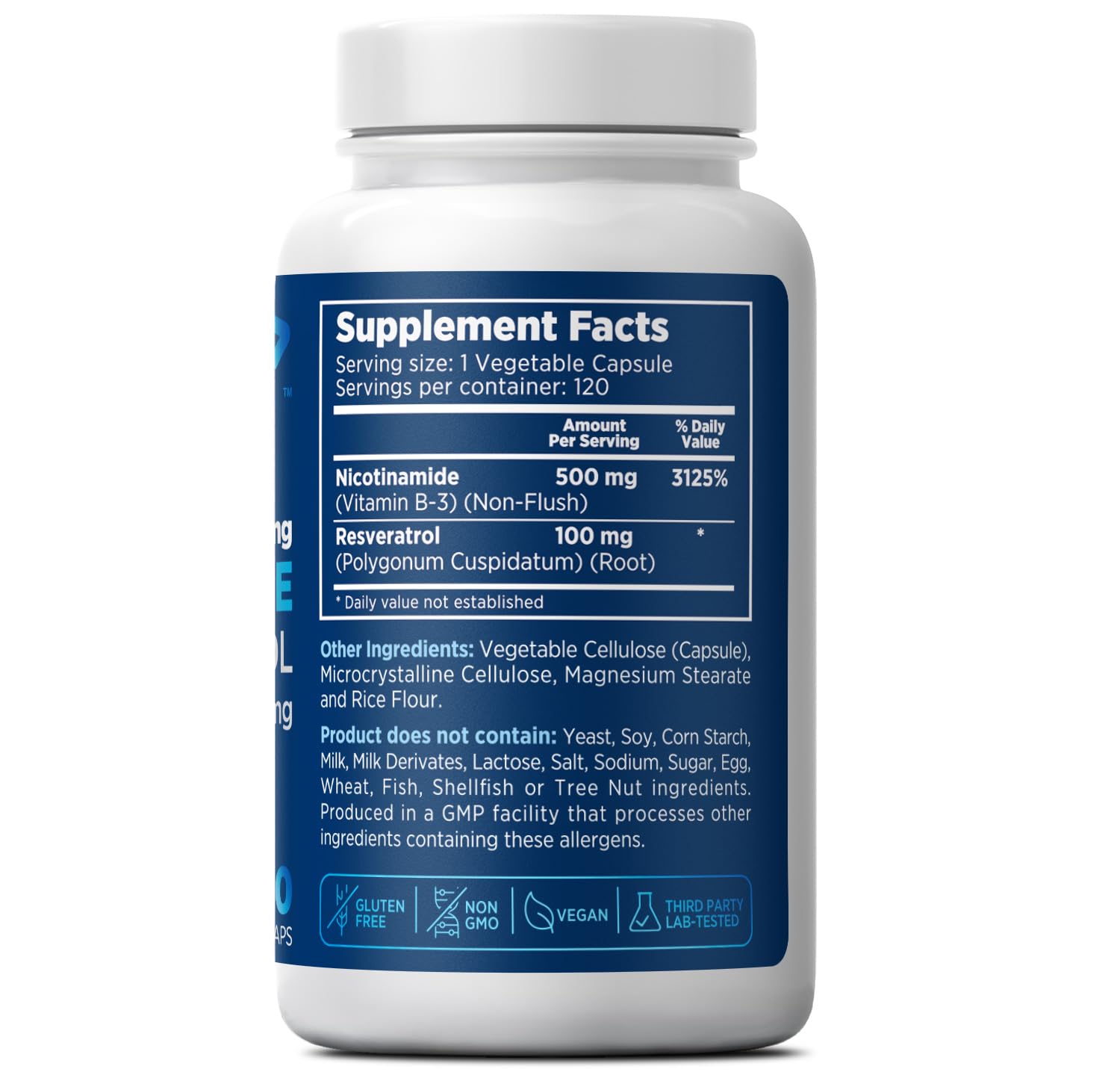 Bouteille Prime Formulas avec vitamine B3 et resveratrol – soutien métabolique et énergie quotidienne.