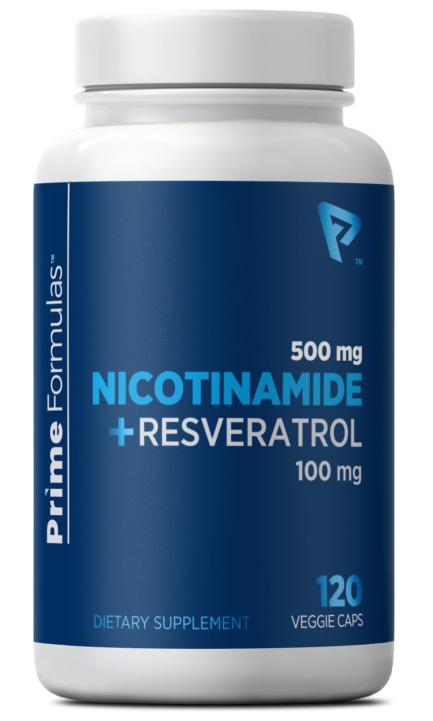 Prime Formulas Nicotinamide-500mg et Resveratrol-100mg, capsules – énergie cellulaire durable.