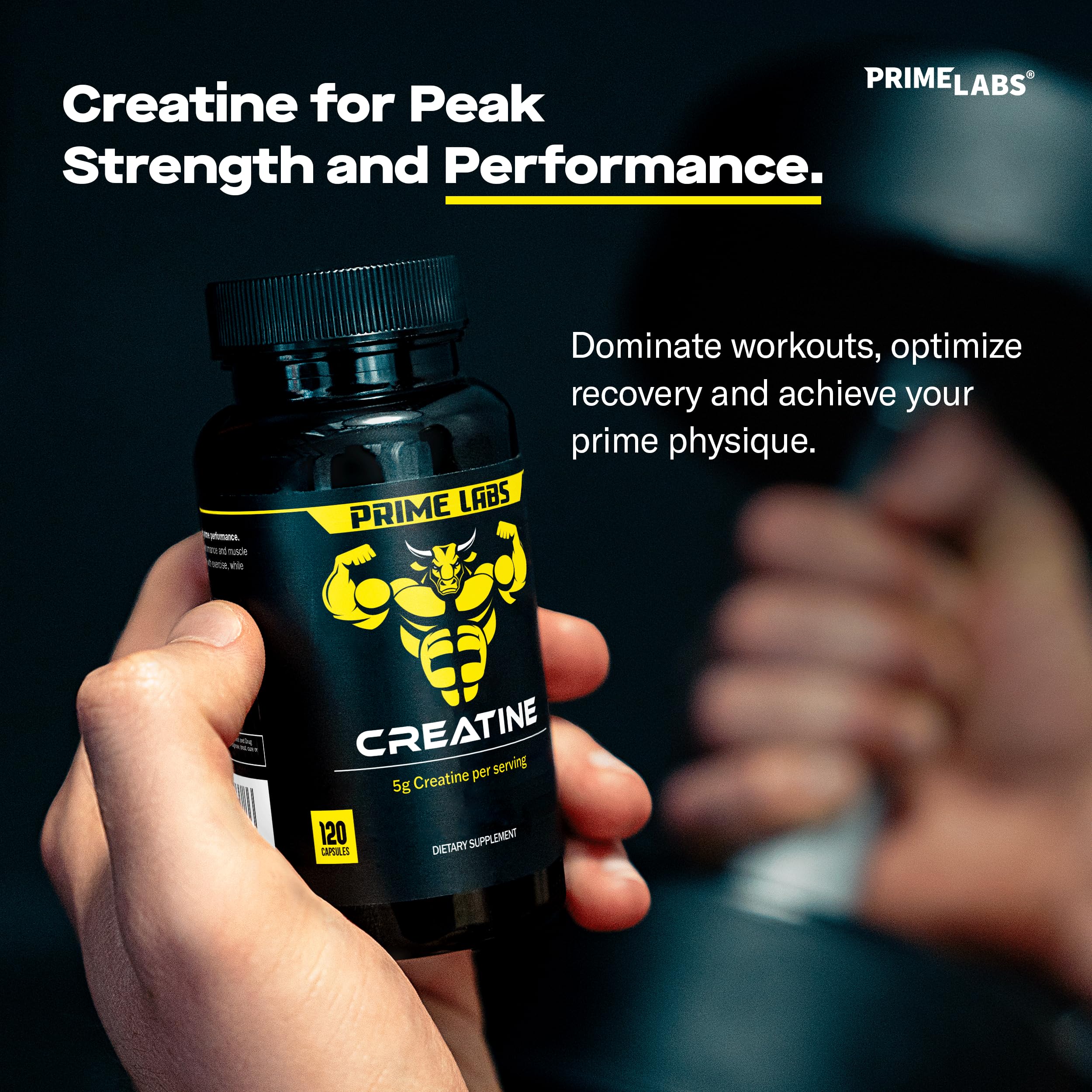 Prime Labs Créatine en gélules, pile de capsules visible, usage pratique sans poudre