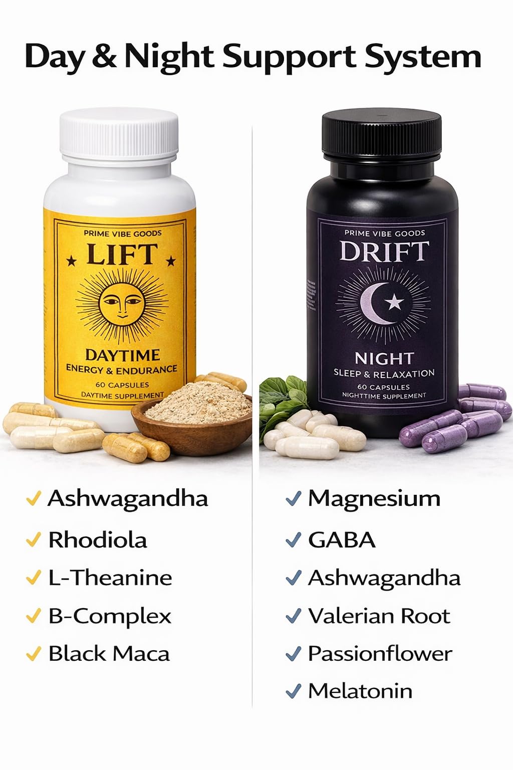Prime Vibe Goods Drift : capsules visibles favorisant la relaxation nocturne.