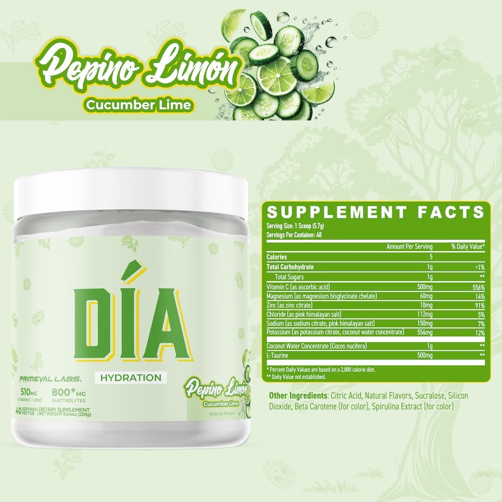 Primeval Labs DIA Hydration verre rafraichissant Concombre-Citron, hydratation durable après l’effort.