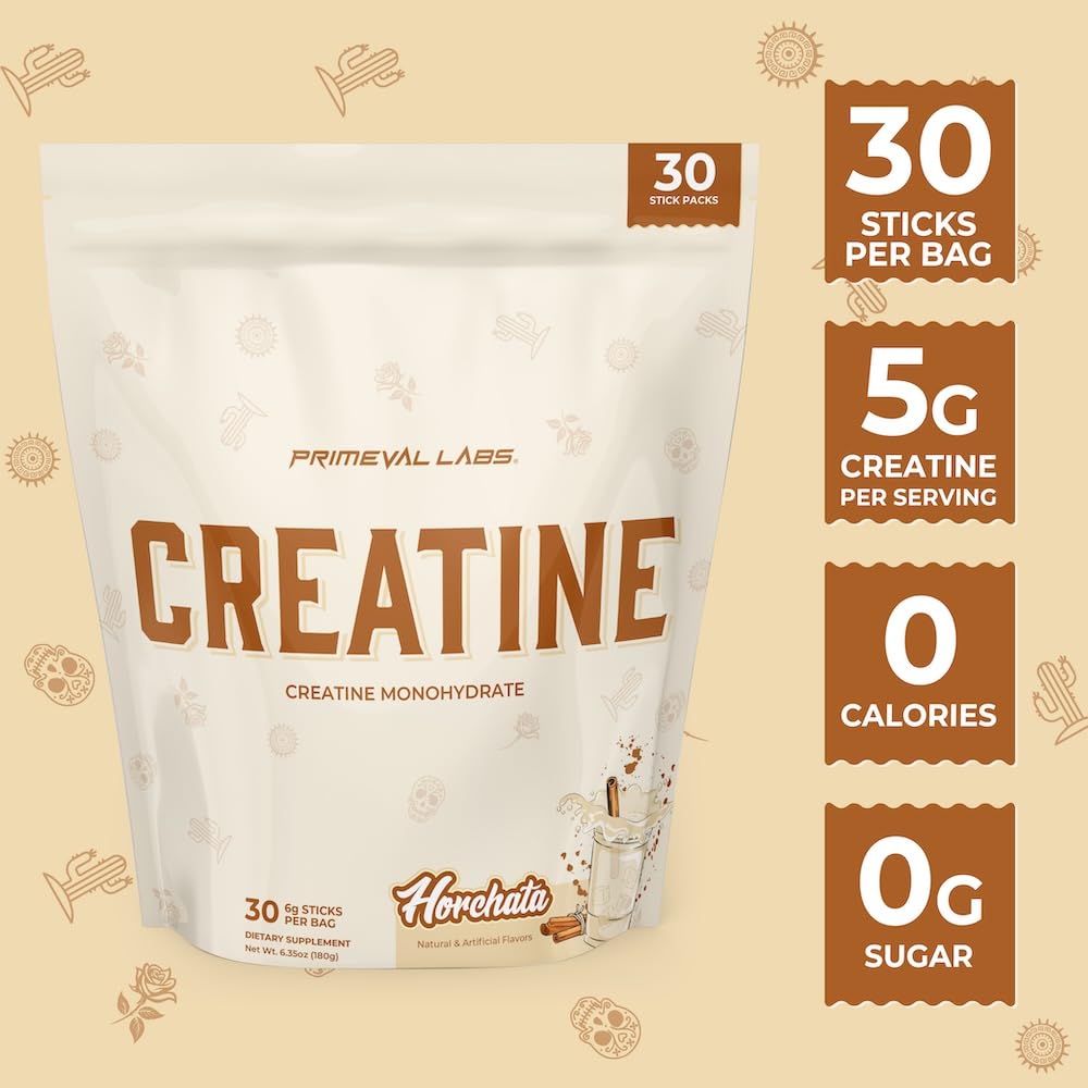 Primeval Labs Cratine Horchata — etiquette-flacon claire pour repérer rapidement la saveur